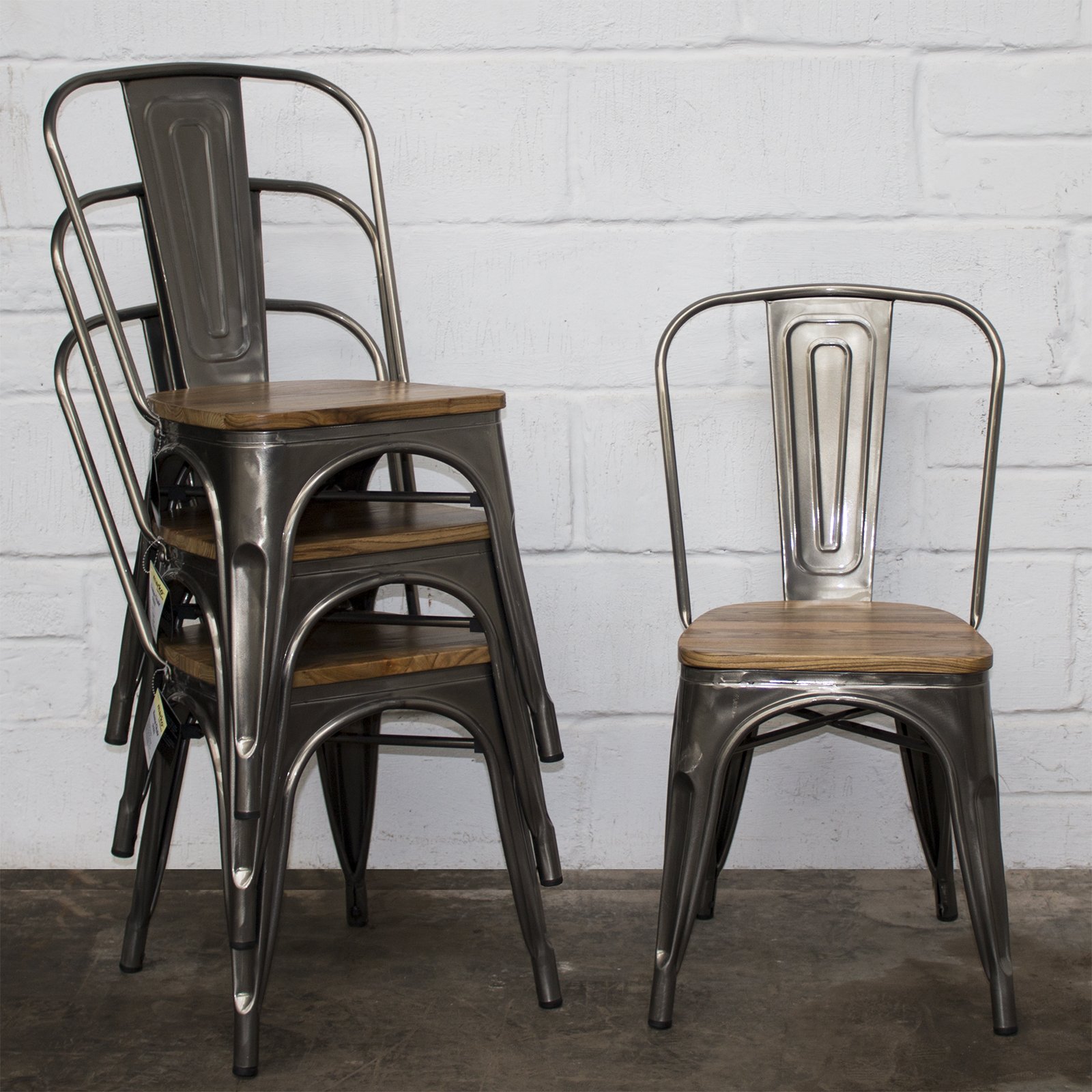 Marko Furniture Set of 4 Steel Industrial Dining Chair Kitchen Bistro Cafe Vintage Wood Seat