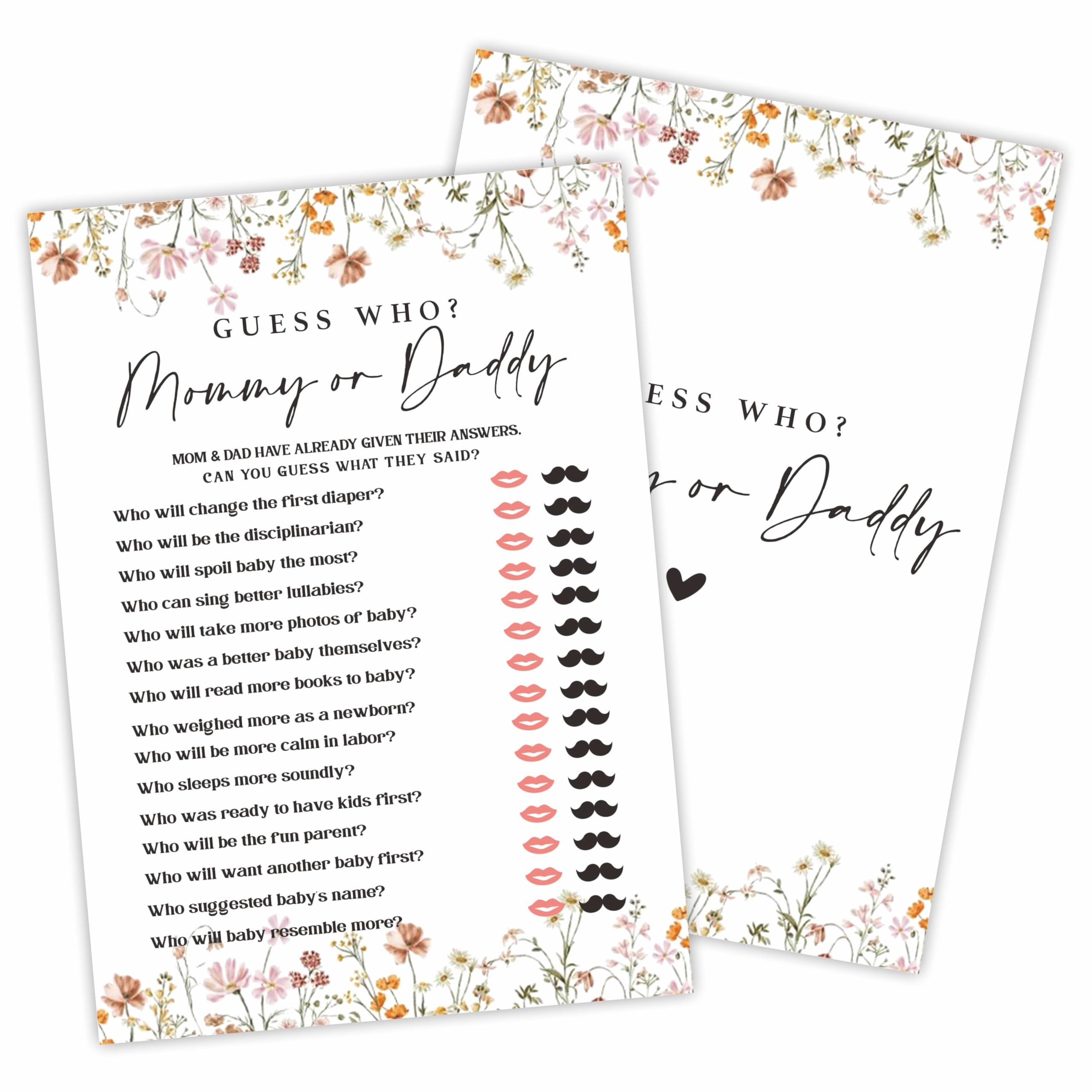 Baby Shower Game Cards, 30 Floral Theme Double-Sided Game Cards For Baby Announcement, Guess Who? Mommy Or Daddy Game Cards, Spring Flower, Gender