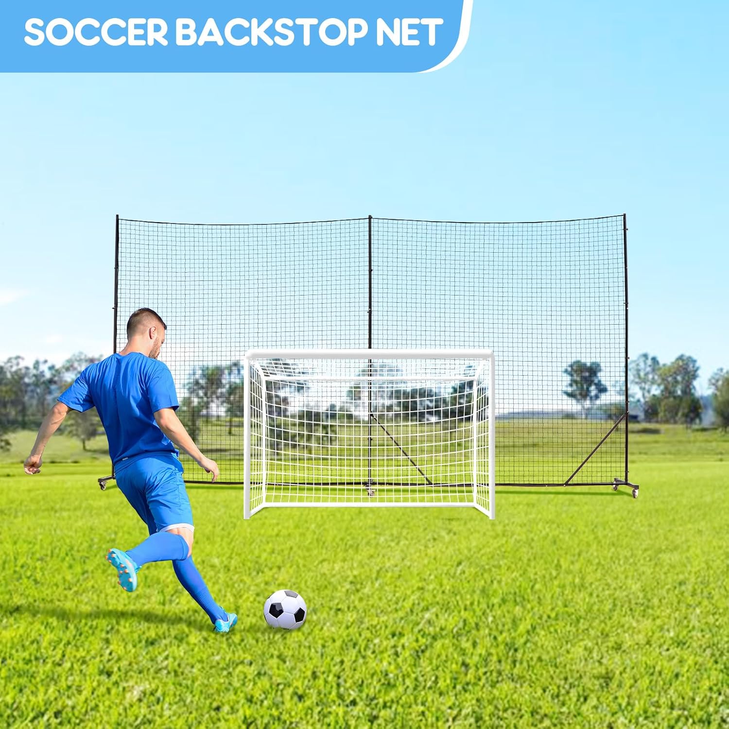 Ball Stop Net System with Wheels Movable Socketed Ball Stop Net Sports Netting Backyard 10FT to 12FT High Backstop Net for Barrier with Post from 10FT to 30FT Wide