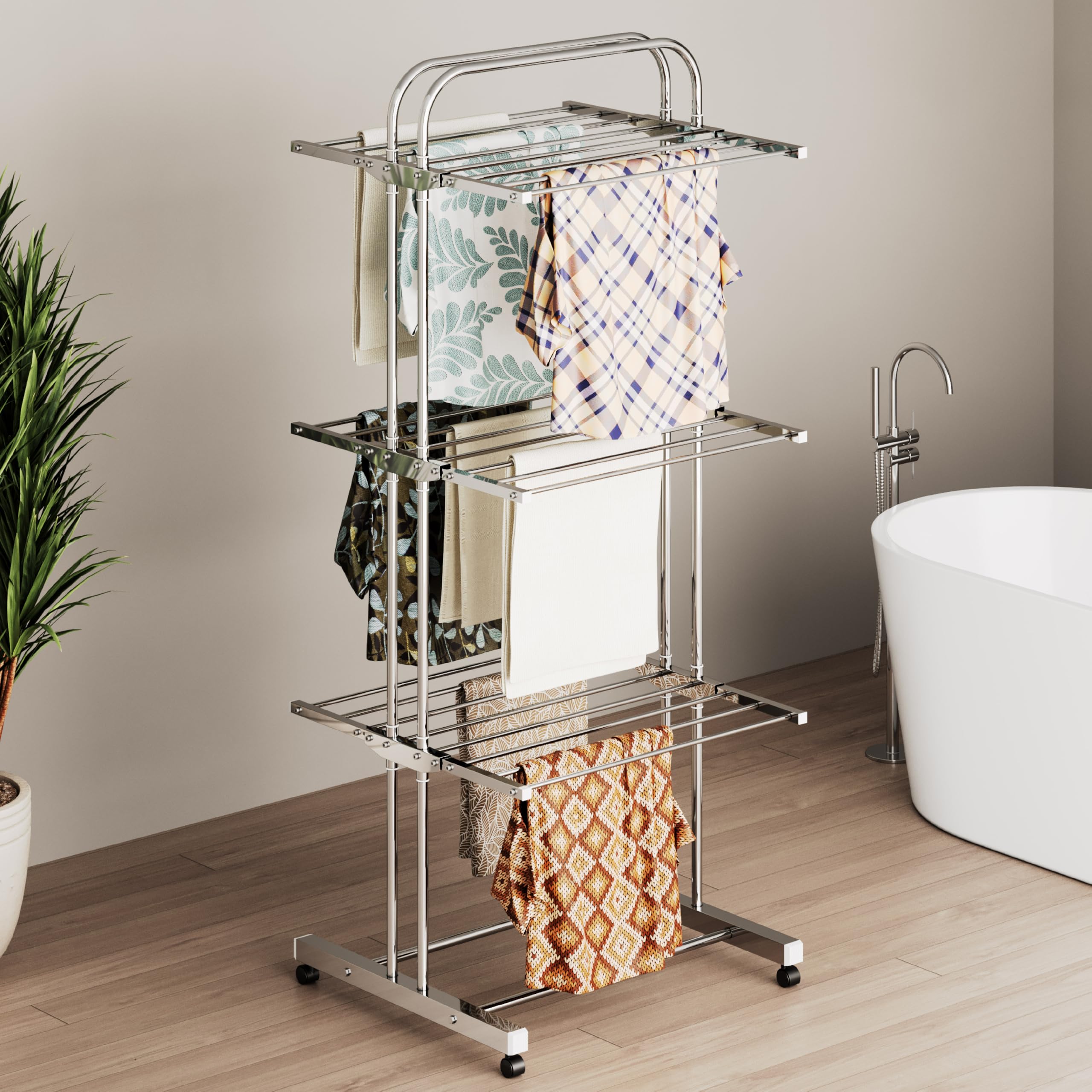 LAPO Premium Stainless Steel Cloth Drying Rack | Easy to Move Laundry Dryer Stand with Wheels | Smart Storage Indoor/Outdoor Drying Stand for Home & Balcony | Size:72×63×185 cm | Weight:8.29 Kg | Z103
