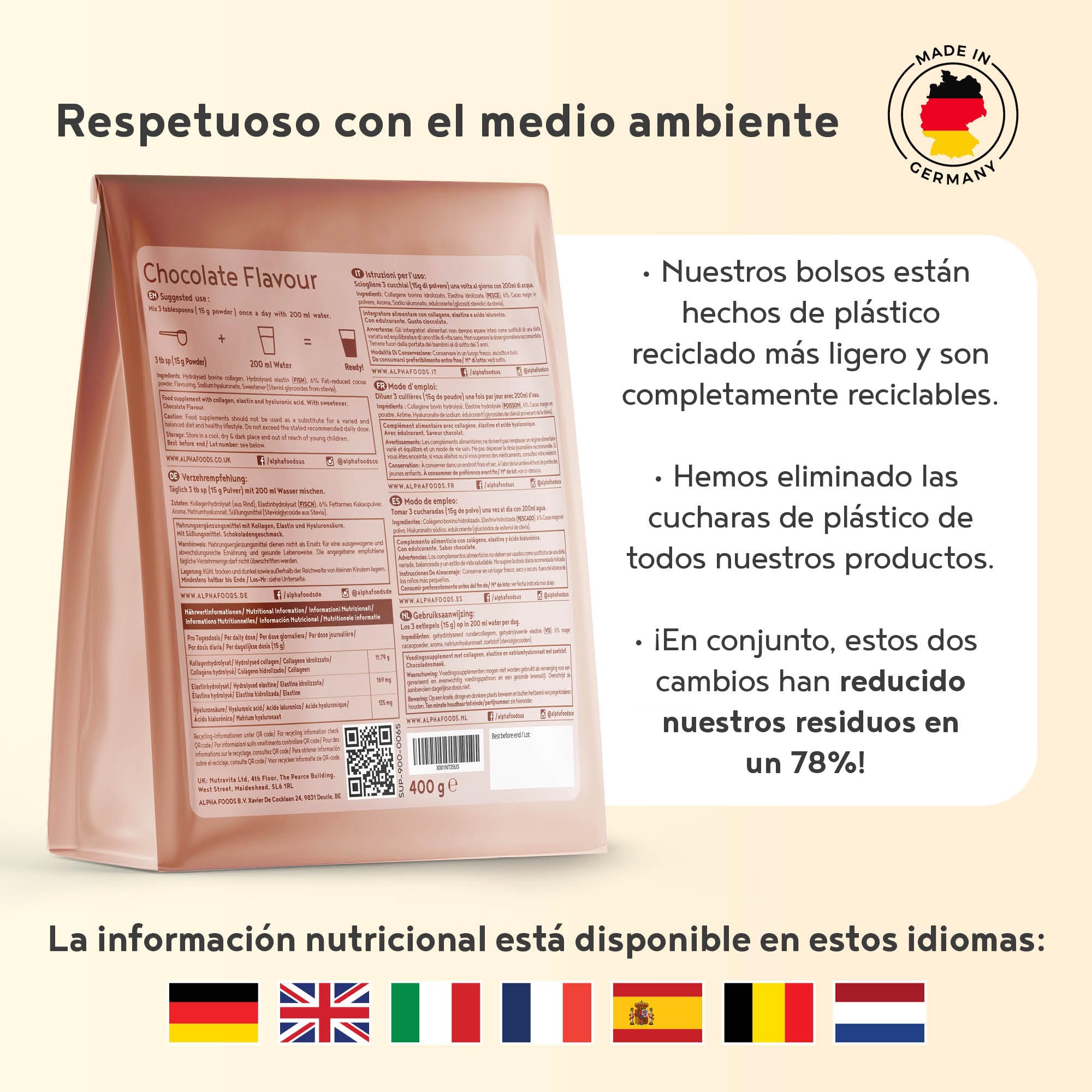 Colágeno en Polvo 400g | Péptidos de Colageno Hidrolizado con Acido Hialuronico y Elastina Marino | Collagen Peptides Tipos I, II, III | Sabor Chocolate | Alpha Foods — view 5