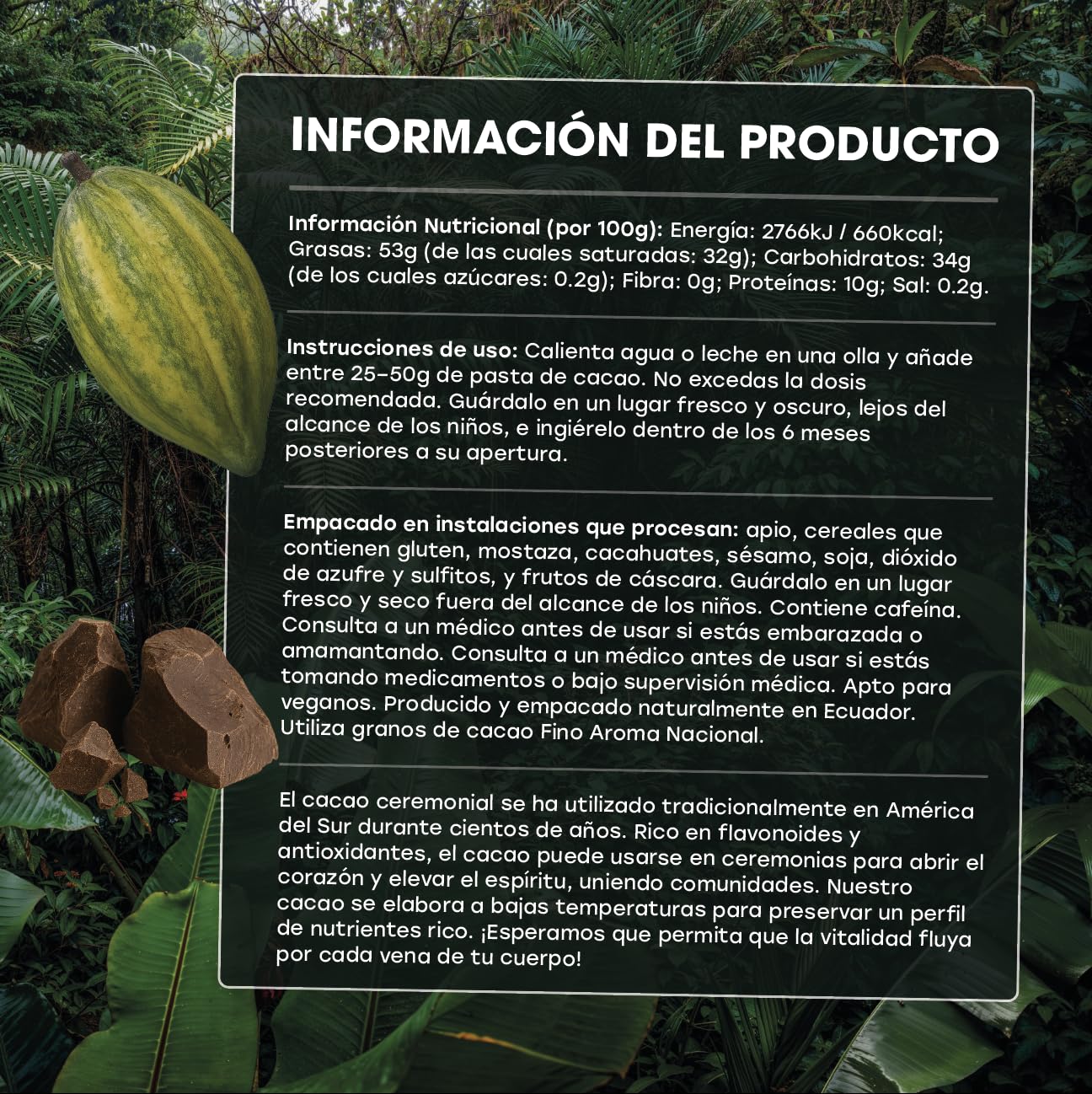 Pasta de Cacao Ceremonial Ecuatoriano 500 g – Grano Nacional – El Chocolate para Beber Más Antiguo del Mundo – Bloque de Cacao Ceremonial Puro