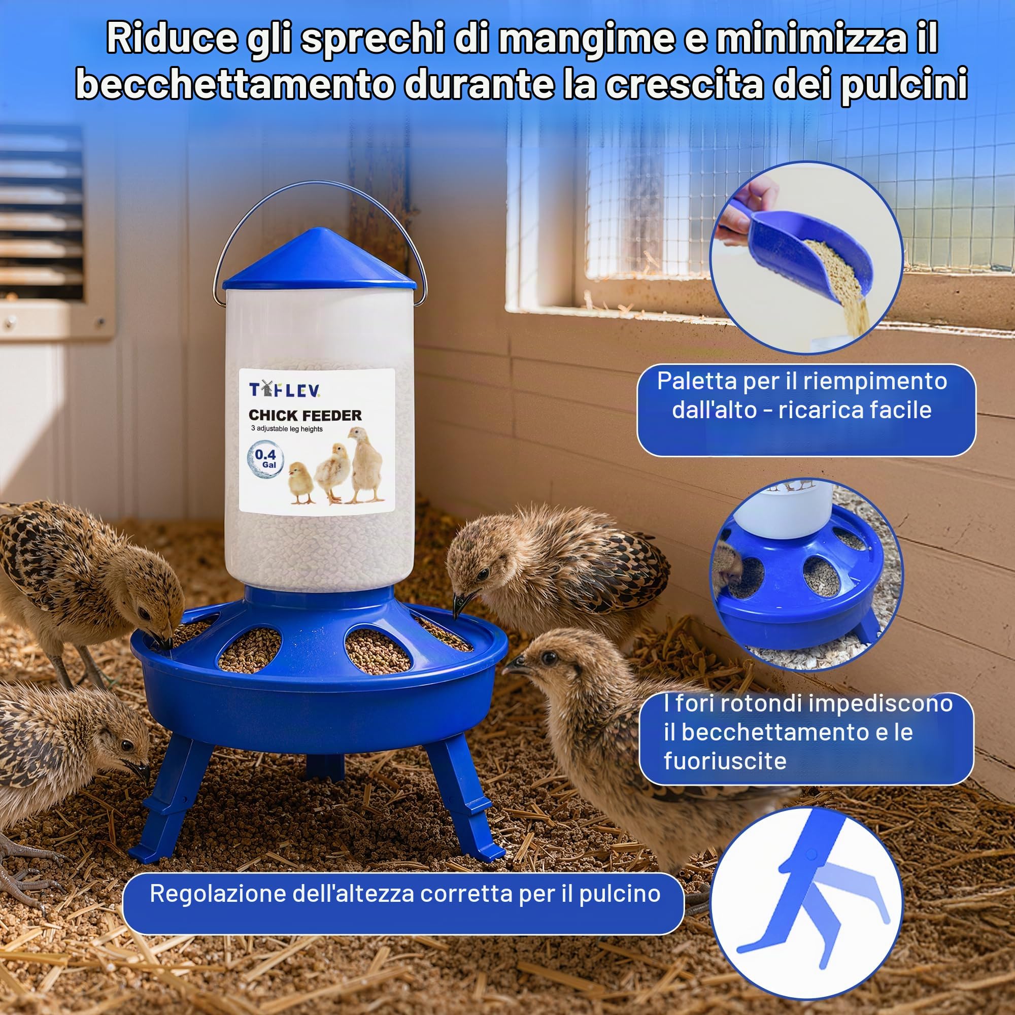 Set di mangiatoia e abbeveratoio per pulcini con 3 altezze regolabili, paletta, mangiatoia da 1,5 litri per pulcini e abbeveratoio anti-annegamento da 1,5 litri, per allevare pulcini in