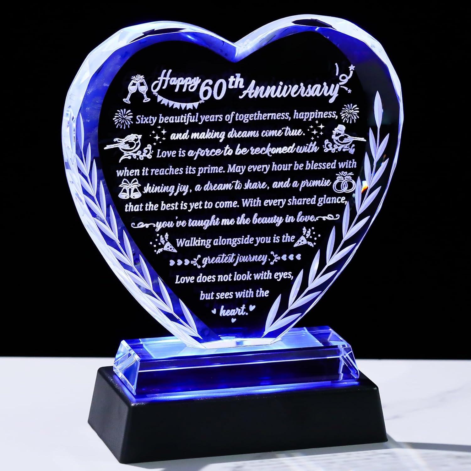 15th Wedding Anniversary Crystal Gifts for Couples, Romantic Heart Happy Crystal Anniversary Keepsake Gift for Wife Husband with LED Light Base, 15 Years of Marriage for Her Him Party Decor