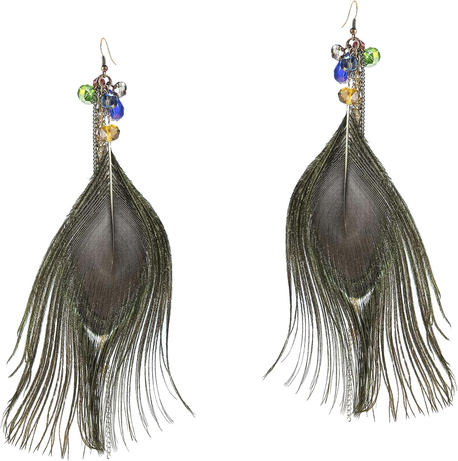 Striking Peacock Feather Statement Crystal Accented Earrings