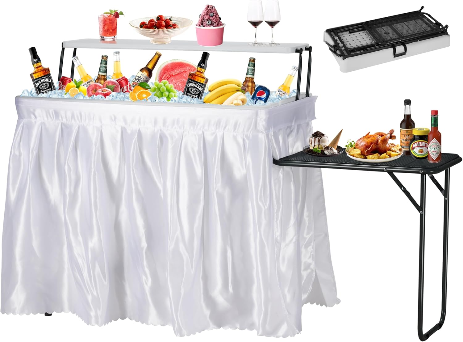 Dragosum Outdoor Ice Cooler Table with Metal Side Desktop, Folding Ice Table with Mesh Desktop, Portable Bar Drink Cooler Desk‌ with Skirt for Camping, Picnic, BBQ, Party (Black)