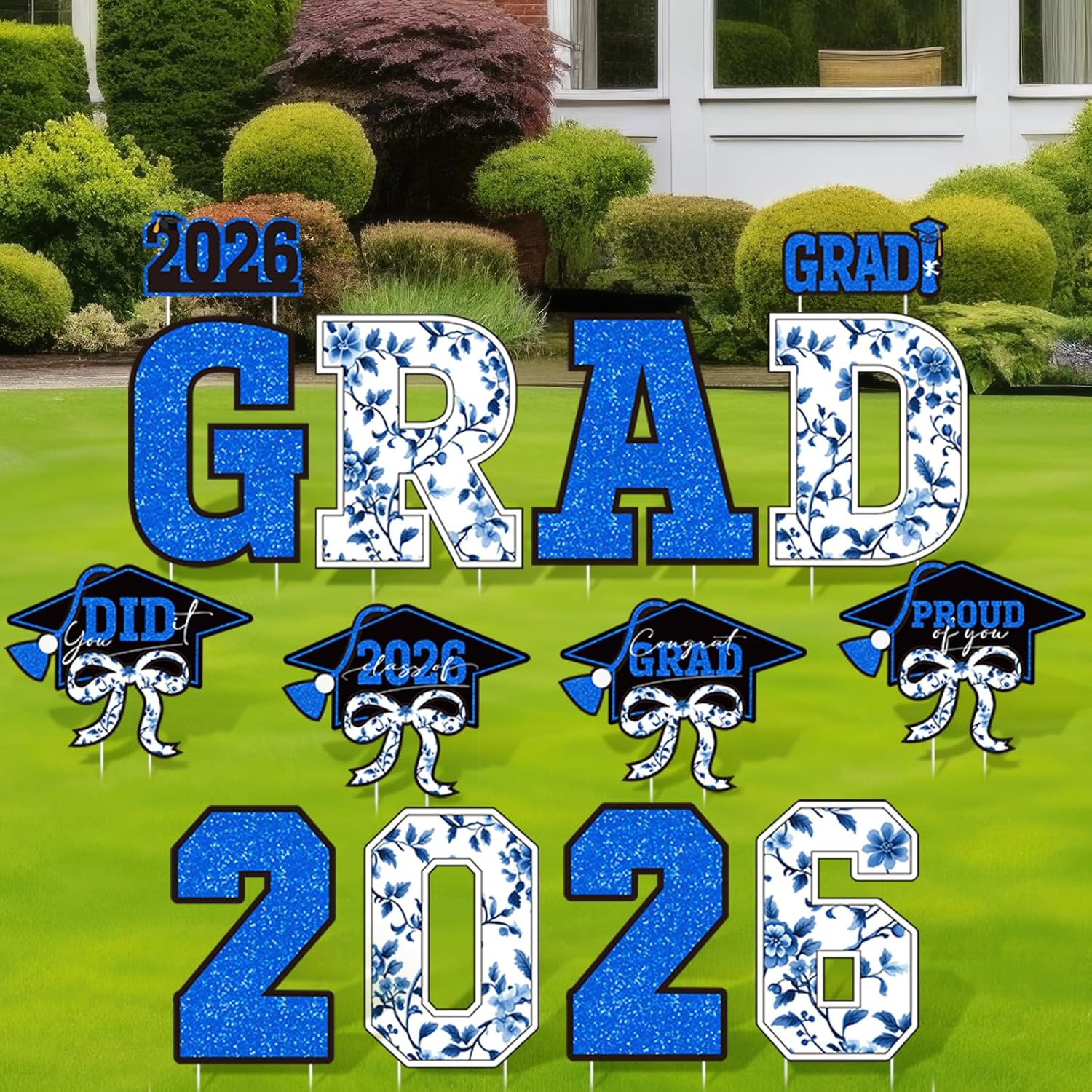 Bucherry 14 Pcs 2026 Graduation Decorations Yard Signs Large Blue Flowers Congrats Grad Outdoor Lawn Signs with Stakes Class of 2026 Graduation Party Supplies Photo Backdrop Prop Decor