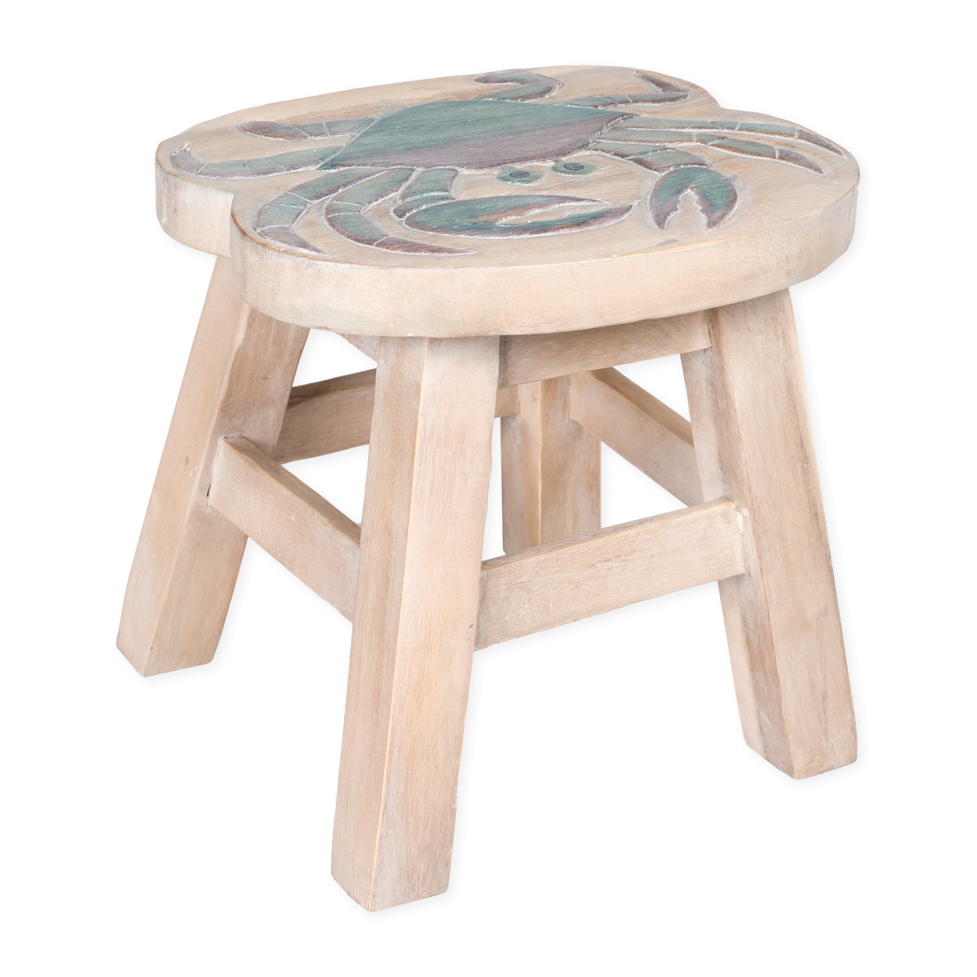 Sea Island Imports Blue Crab Design Hand Carved Acacia Hardwood Decorative Short Stool