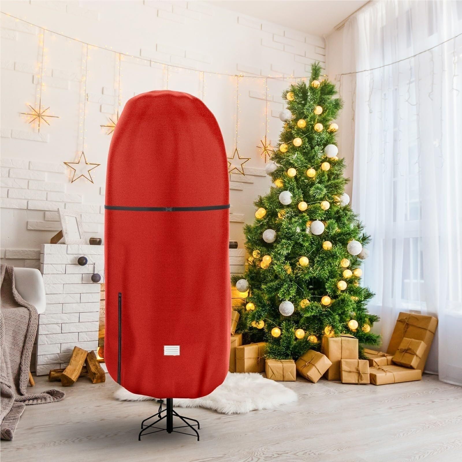 Saco Árbol Navidad Tela Vertical De Oxford La Cubierta del Almacenamiento Árbol Navidad con Cremallera Y Ajustable Almacenamiento(Rot,91cm)