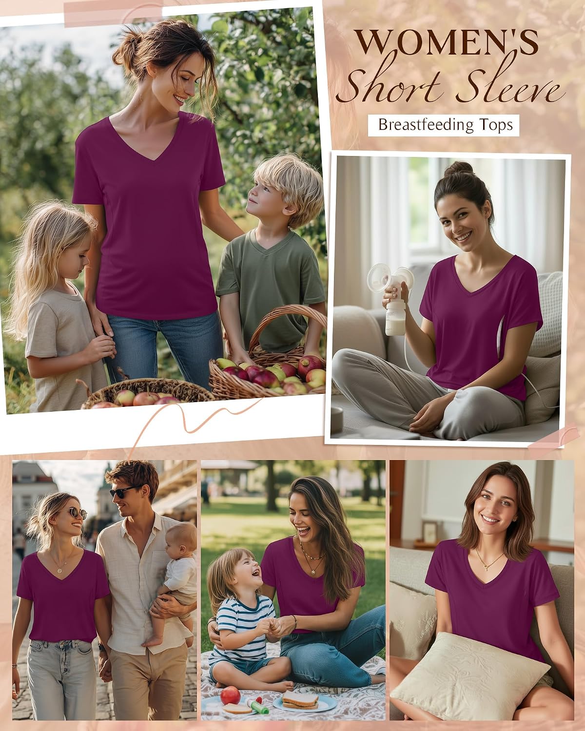 Women's Nursing Breastfeeding Shirts with Hidden Zipper Maternity V Neck Short Sleeve Tops Loose Pregnancy Tees