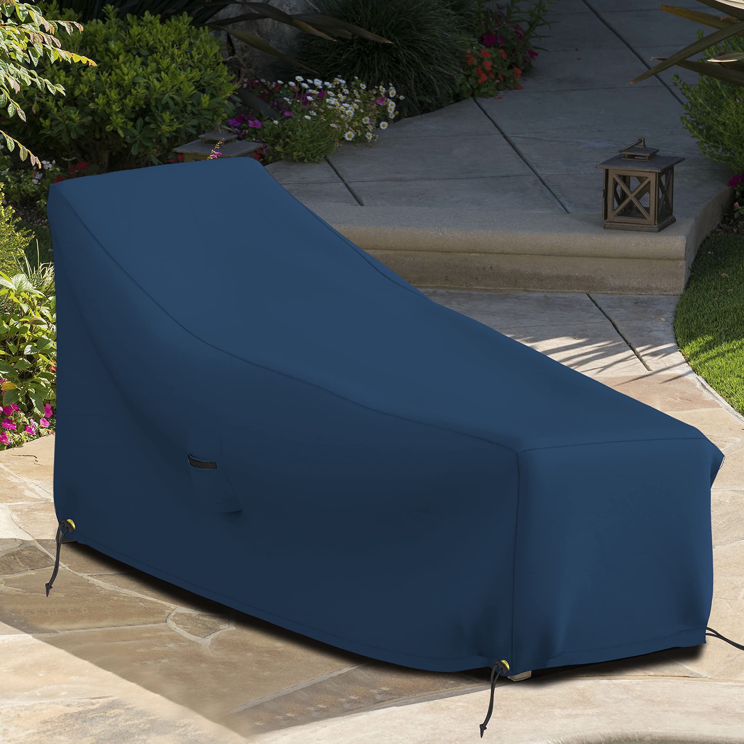 Funda para tumbona de patio de 12 onzas, impermeable, 100% resistente a la intemperie, cubierta de PVC con bolsillos de aire y cordón para un ajuste cómodo (80 W x 34 D x 32 H, azul)