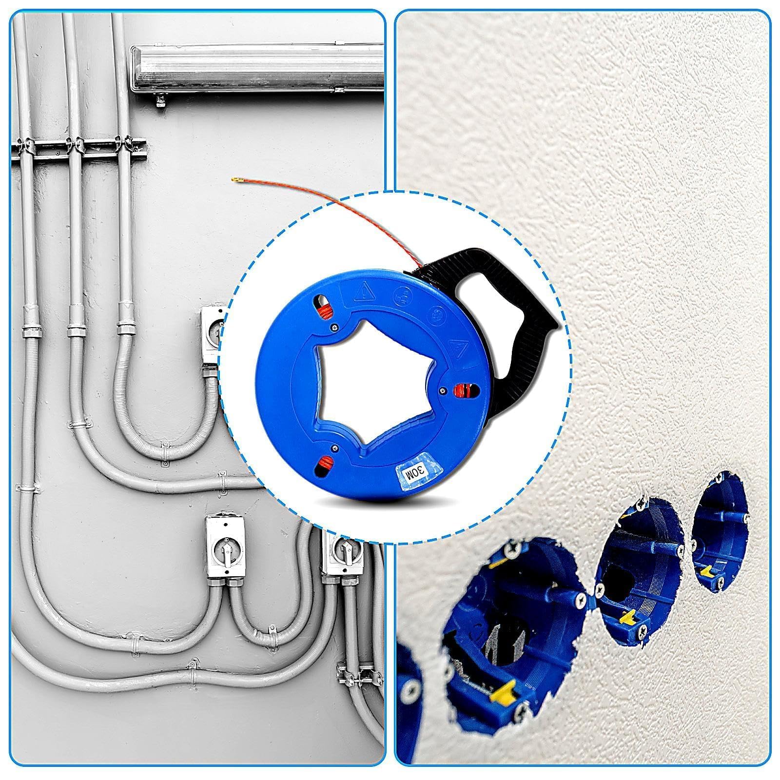 Kabeleinziehhilfe 30 m 4 mm, PET Einziehspirale mit Aufrolltrommel, Kupfer-Zugkopf und 6 Adaptern, Kabelziehband für Leerrohre, Stromkabel, Netzwerkkabel, SAT Kabel