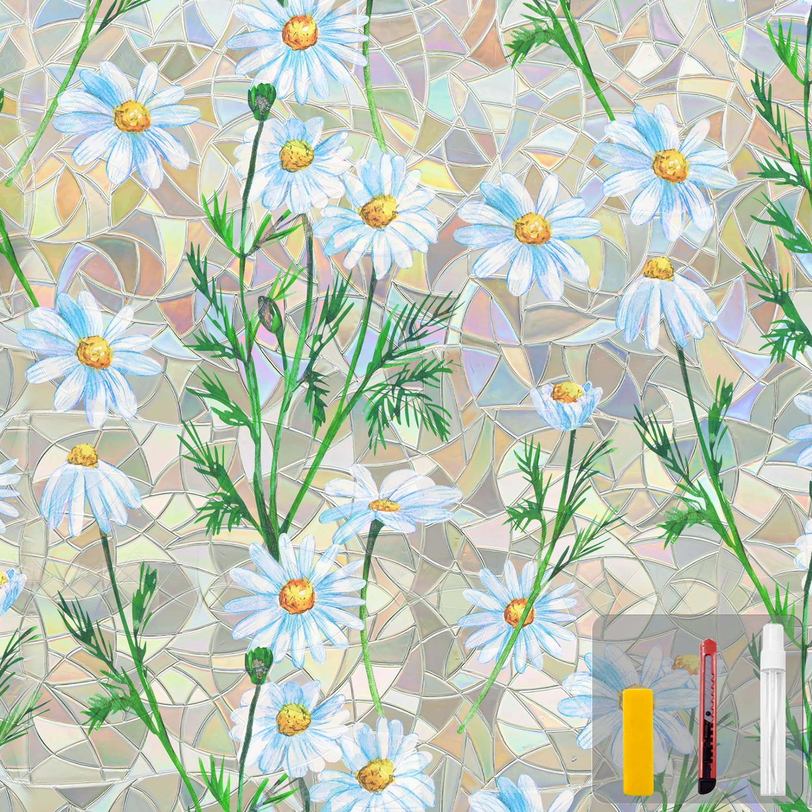 Countewol Window Privacy Film Stained Glass Window Film Rainbow Window Film Window clings Non-Adhesive Reusable Decorative for Room (Daisy Rainbow,