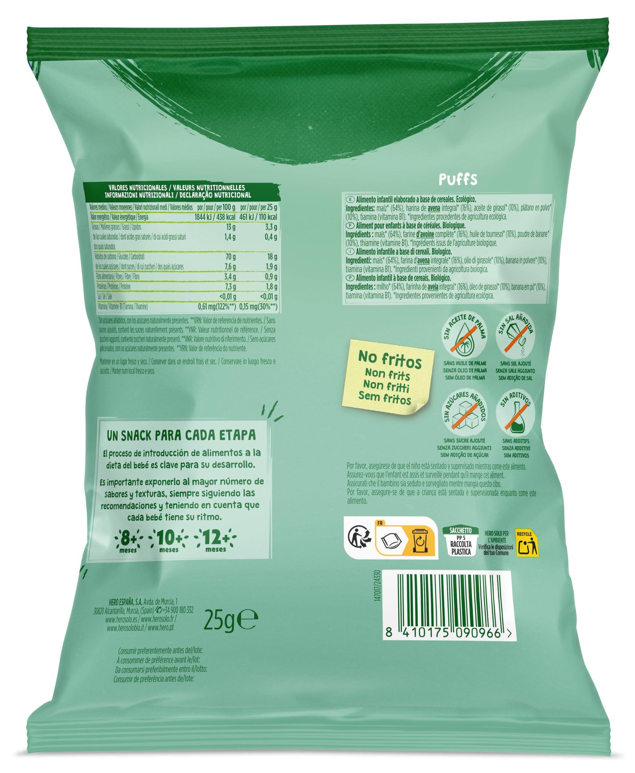 Hero Solo Bio Snack Infantil Ecológico Puffs de Maíz Avena y Plátano 25g x 5uds