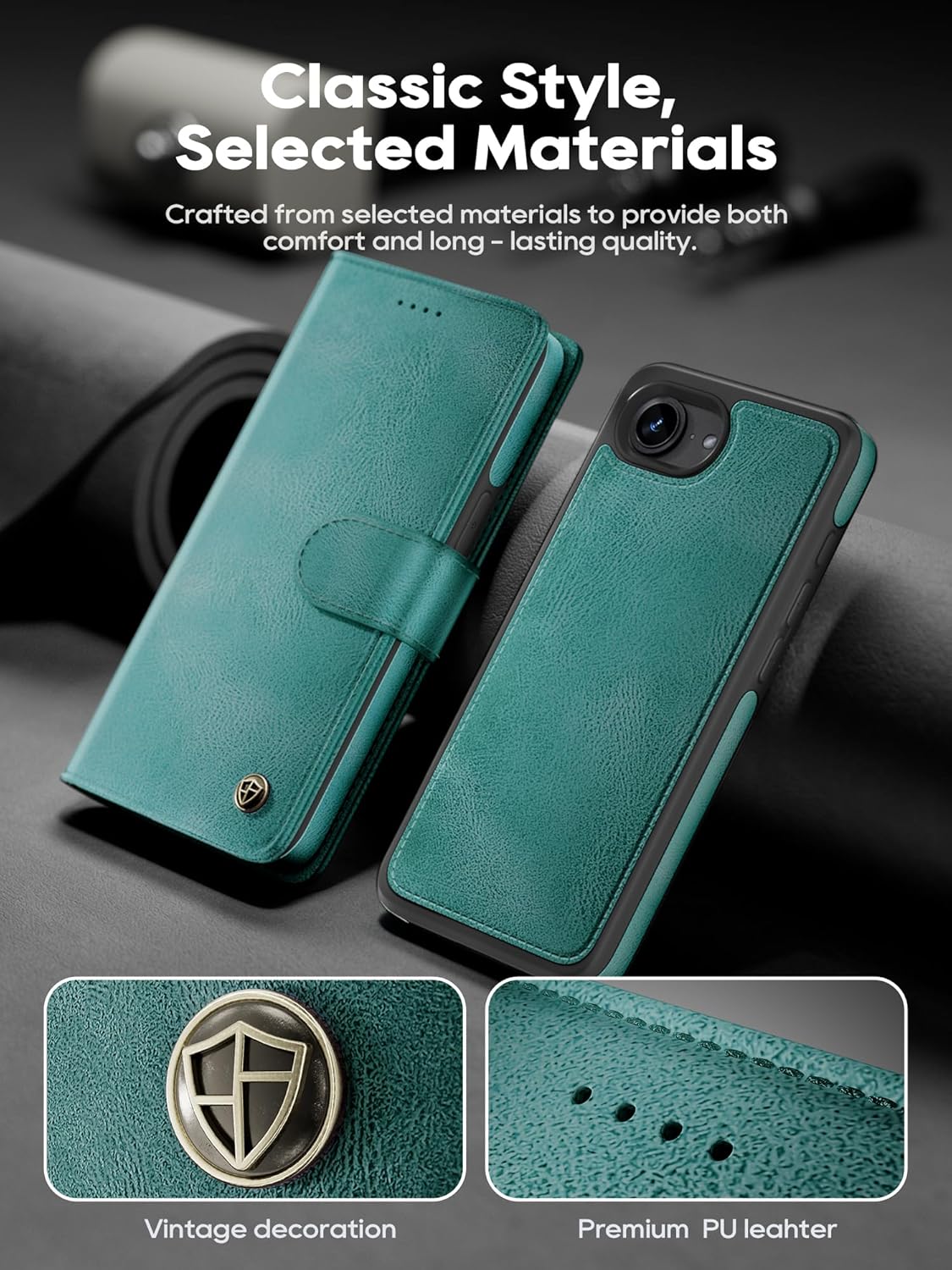 Compatible with iPhone 17e/16e Wallet Case with Card Holder, 2 in 1 Magnetic Detachable & Wireless Charging Support, PU Leather Flip Phone Cover (Vintage Green)