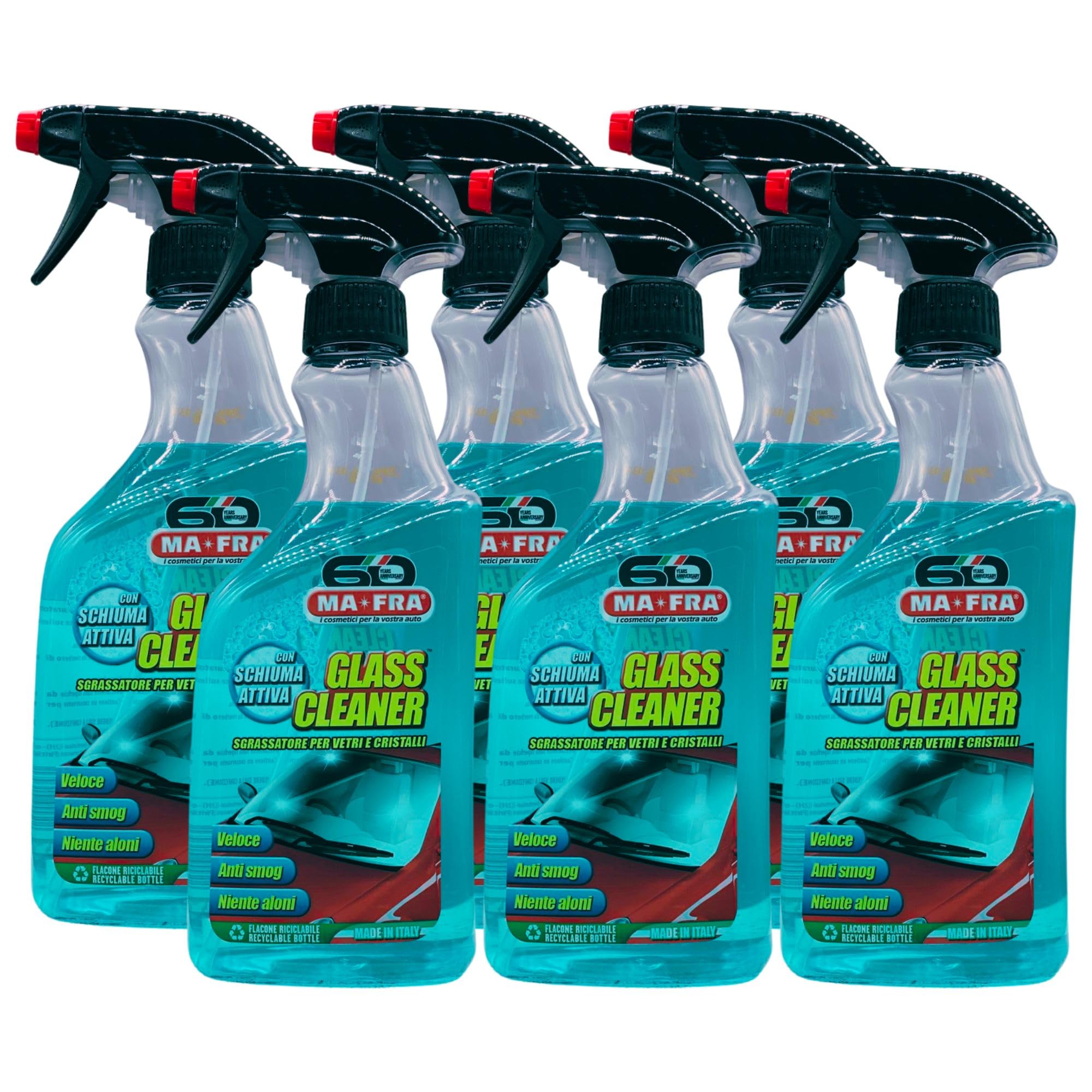 Detergente Spray GLASS CLEANER, Sgrassatore Per Vetri e Cristalli. Ideale Per La Pulizia Dei Vetri Auto, Migliora La Visibilità Alla Guida, Elimina Ditate e Tracce Di Smog 500ml (6 Spray)