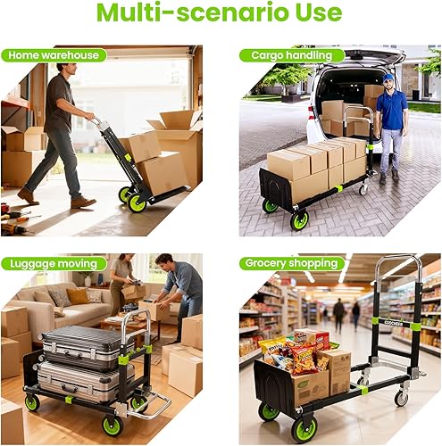 Miniatura 6 de Carro de mano convertible 3 en 1, carretilla de mano plegable resistente con capacidad de 600 libras, carrito portátil con ruedas de goma y asas