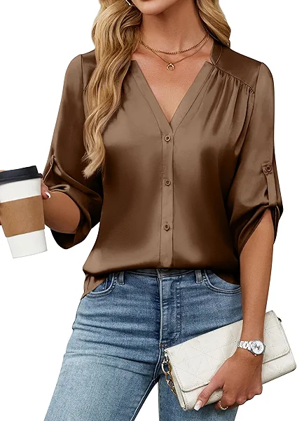 Blooming Jelly Womens Button Down Shirts 3/4 Sleeve Dressy Casual Tops Pleated Satin Silk Business Blouses 2025