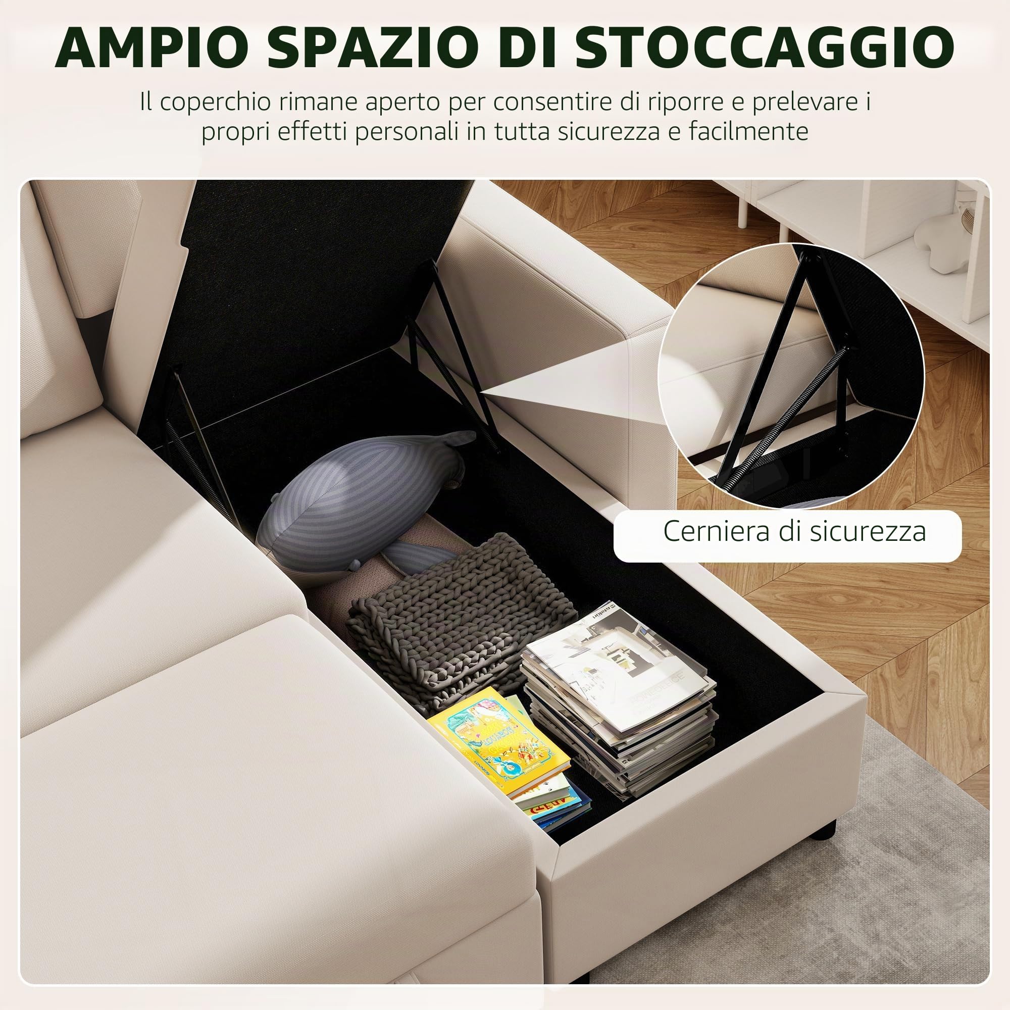 HOMCOM Divano ad angolo Convertibile divano letto 3 posti modulabile con chaise longue reversibile, contenitore integrato e 3 cuscini per lo schienale, tessuto effetto lino, color crema