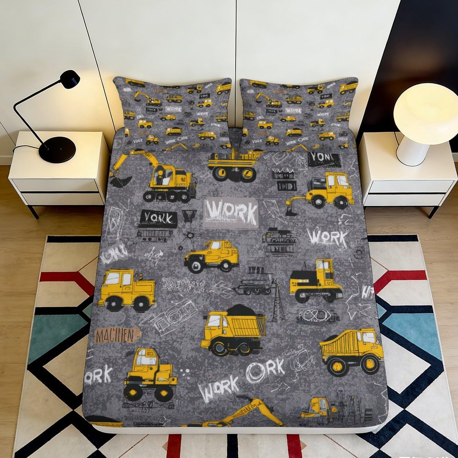 3D Printed Construction Truck Fitted Sheet Microfiber Yellow Digger Bed Cover Non-Slip Washable for Bedroom Guest Room 90x200x25cm