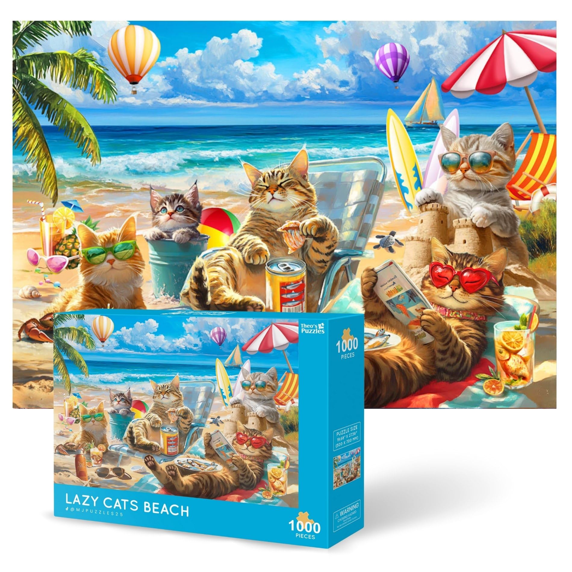 Theo's Puzzles Lazy Cats Beach Puzzles for Adults 1000 Pieces - Jigsaw Puzzles for Relaxing