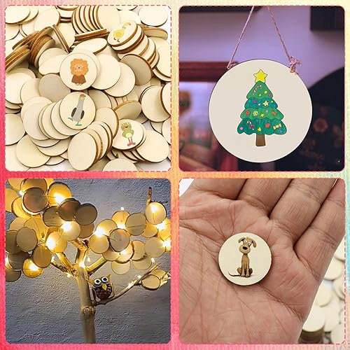 Miniatura 4 de Jyongmer 100 piezas de discos redondos de madera sin terminar, adornos de madera natural en blanco para decoración, suministros de arte de
