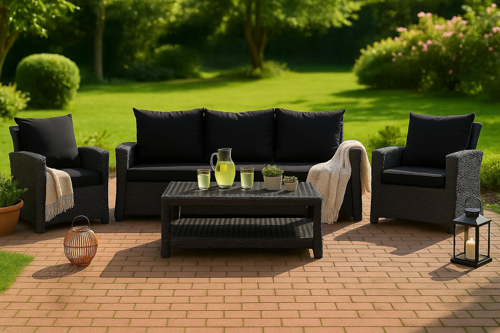 Cuscino per panca - Cuscino per seduta esterna per panca da giardino in polyrattan - Cuscino per panca per sedile in rattan dondolo (Nero, 150 x 50 x 50 cm)