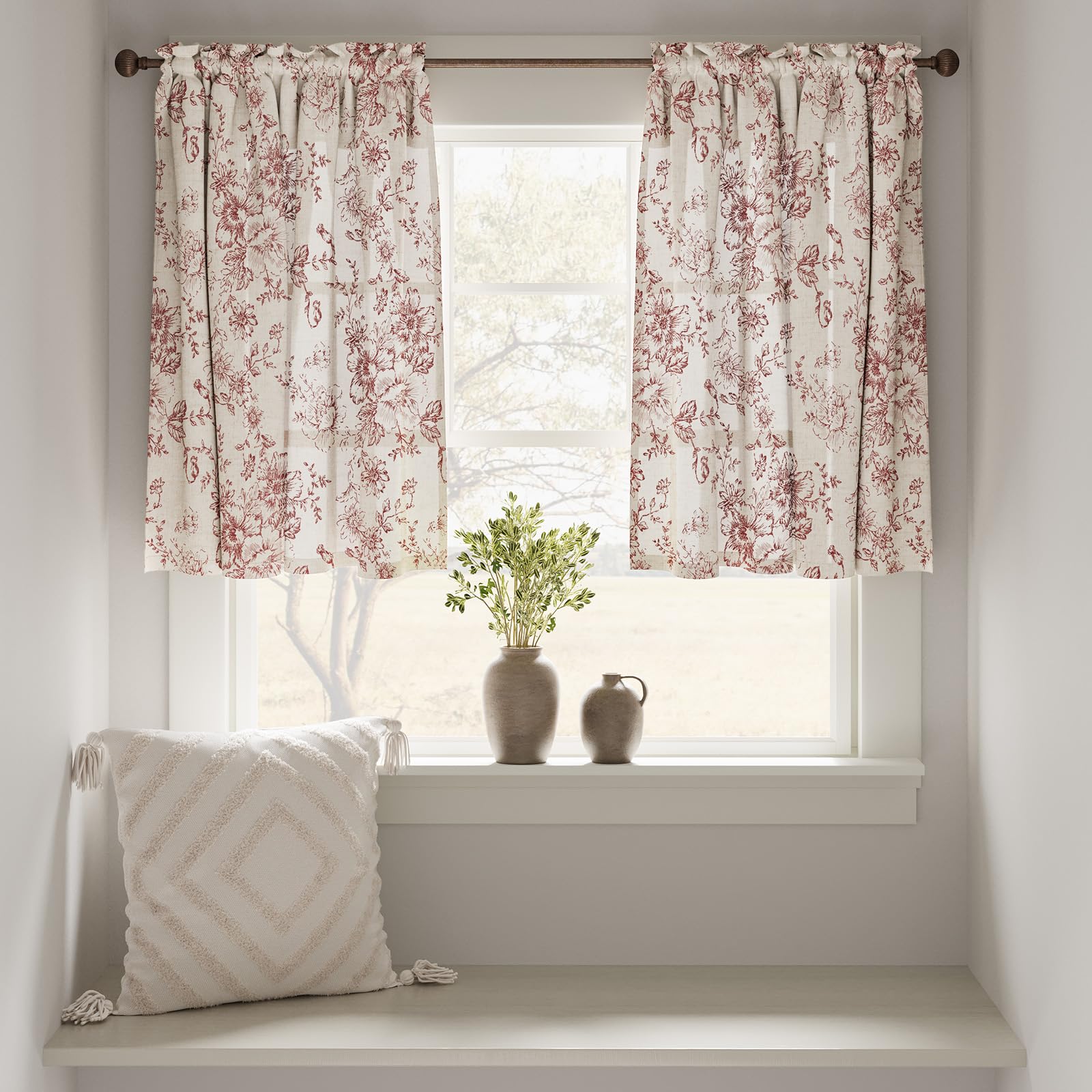 TOPICK Linen Blend Red Floral Kitchen Curtains 24 Inch Drop Small Cafe Curtains Light Filtering Short Curtain Tiers for Bathroom Sink Rod Pocket 2 Panels - Image 2