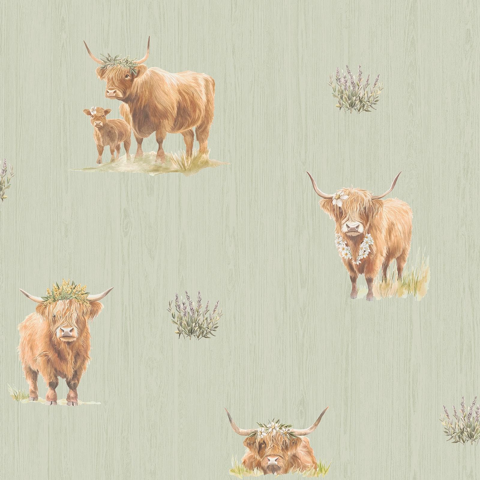 Green Sage Wallpaper Highland Cows Country Farmhouse Animal Woodgrain Paper