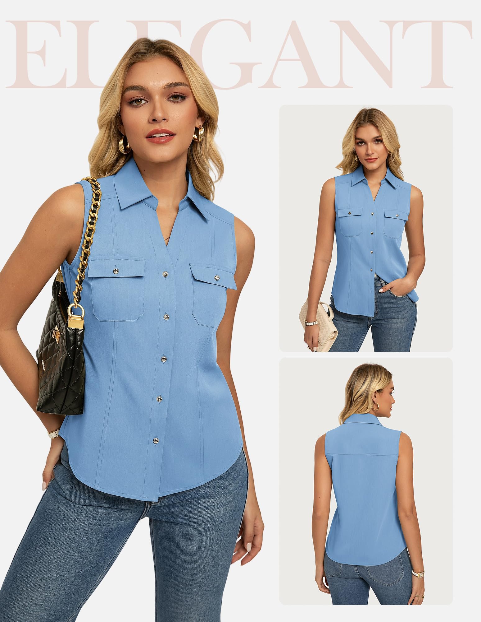 GRACE KARIN Chemise boutonnée sans manches pour femme, col à revers, col en V, chemisier décontracté pour l'été, le bureau, le travail