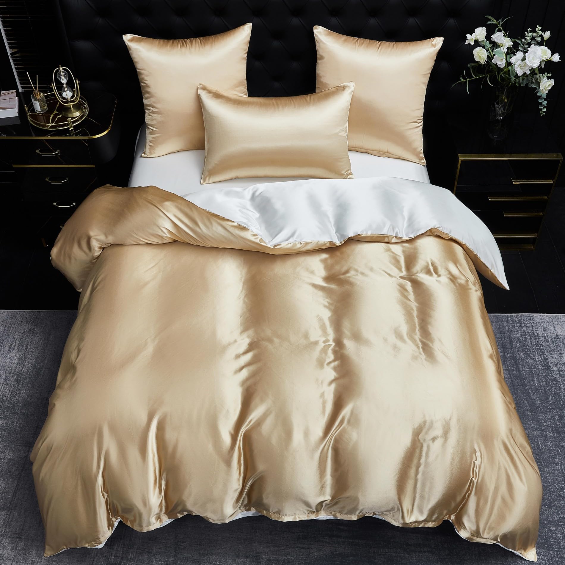 Ropa de cama de satén de 220 x 240 cm, reversible, color beige, dorado y blanco, funda nórdica de seda lisa y brillante, suave, sedosa, ropa de cama de 3 piezas con cremallera y 2 fundas de