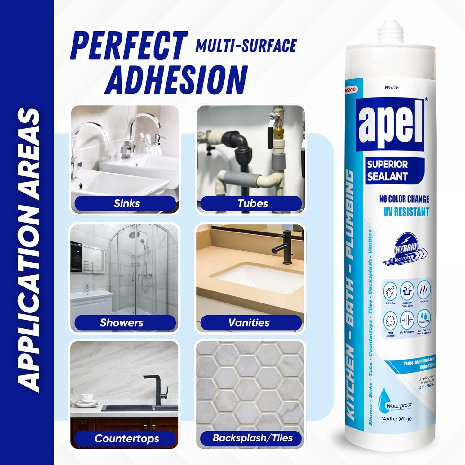 apel KB200 Hybrid Superior Sealant – Paintable Hybrid Polymer Silicone Caulk, for Kitchen, Bath, and Plumbing, Perfect Multi Surface Adhession, Waterproof, White, (12x14.4 fl oz) - 12 Pack