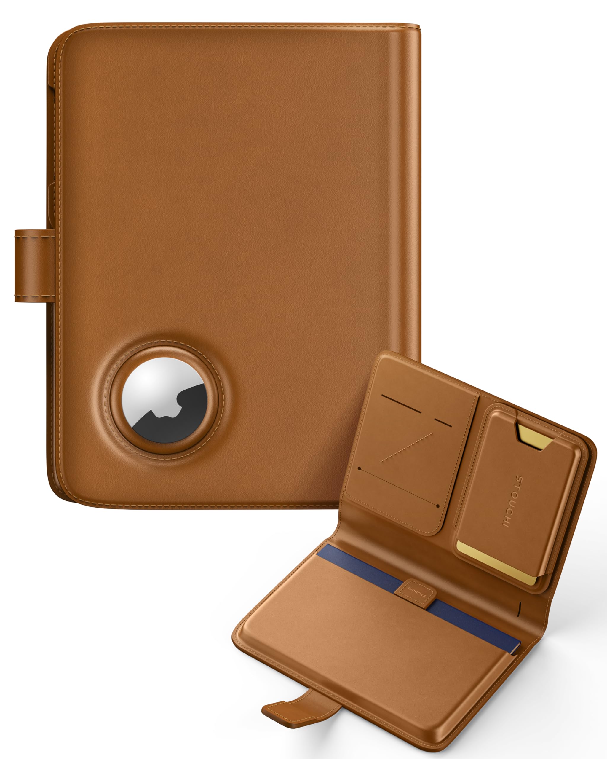 Stouchi AirTag RFID Passport Holder, Premium Vegan Leather Travel Holder with Detachable Magnetic Card Case, 1-Second Pull Strap & One-Hand Access, Travel Document Organizer for Men & Women-Brown