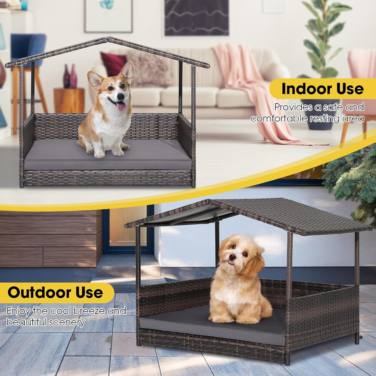 PETSITE Wicker Elevated Dog Bed with Weatherproof Roof, Raised Rattan Pet House Indoor/Outdoor with Removable Cushion Lounge for Small, Medium Dogs