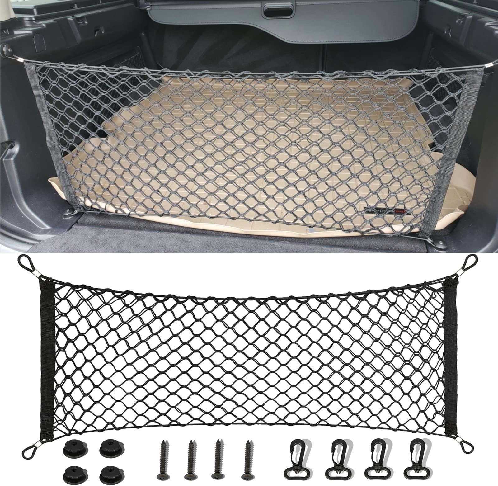 TGNISI Multifunctional Cargo Net - Double-Layer - Adjustable- Nylon Car Trunk Rear Cargo Organizer for Car, Truck, SUV,Jeep, Pickup Black