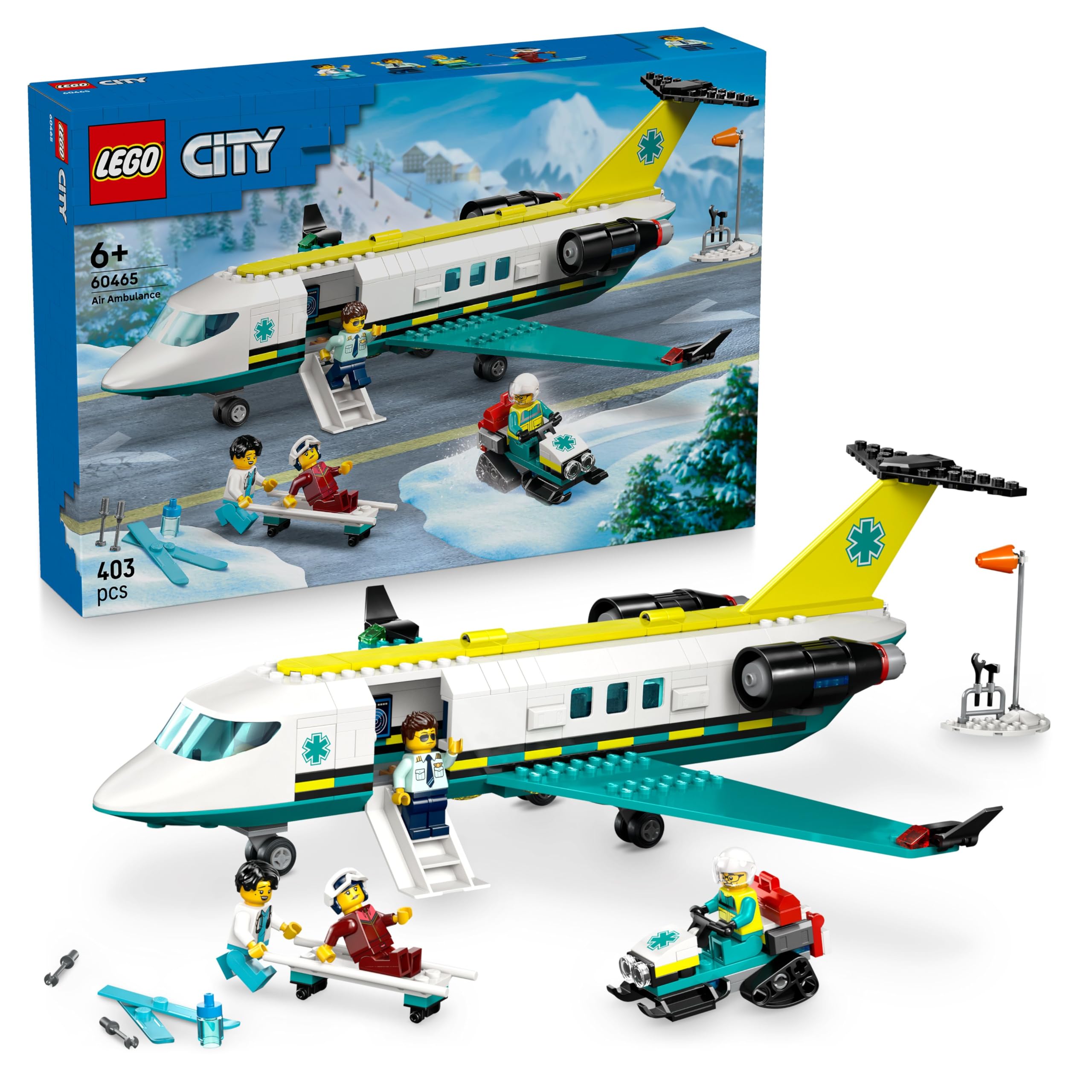 LEGO City Emergency Air Ambulance Airplane Toy - Medical Plane Model - 3 Minifigures incl. a Doctor and Pilot, Plus a Snowscooter, Stretcher & Tools, Gift for 6+ Year Old Boys - 60465
