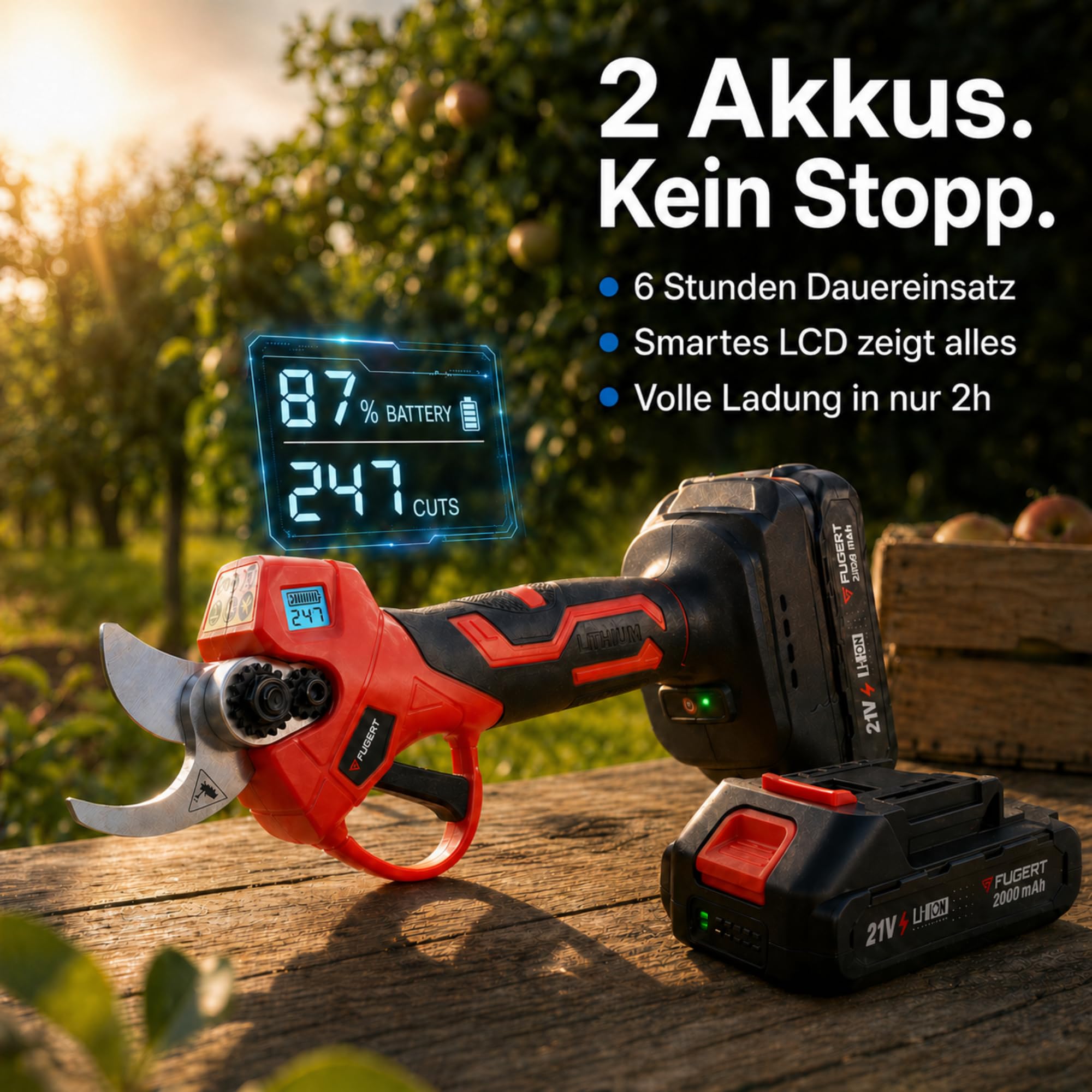 Akku Astschere 30 mm mit 2 Akkus 2 Ah, Bürstenloser Motor, Elektrische Gartenschere Bypass, LED-Schnittzähler, Baumschere für Garten & Obstbäume, Leichte Gartenschere mit Koffer