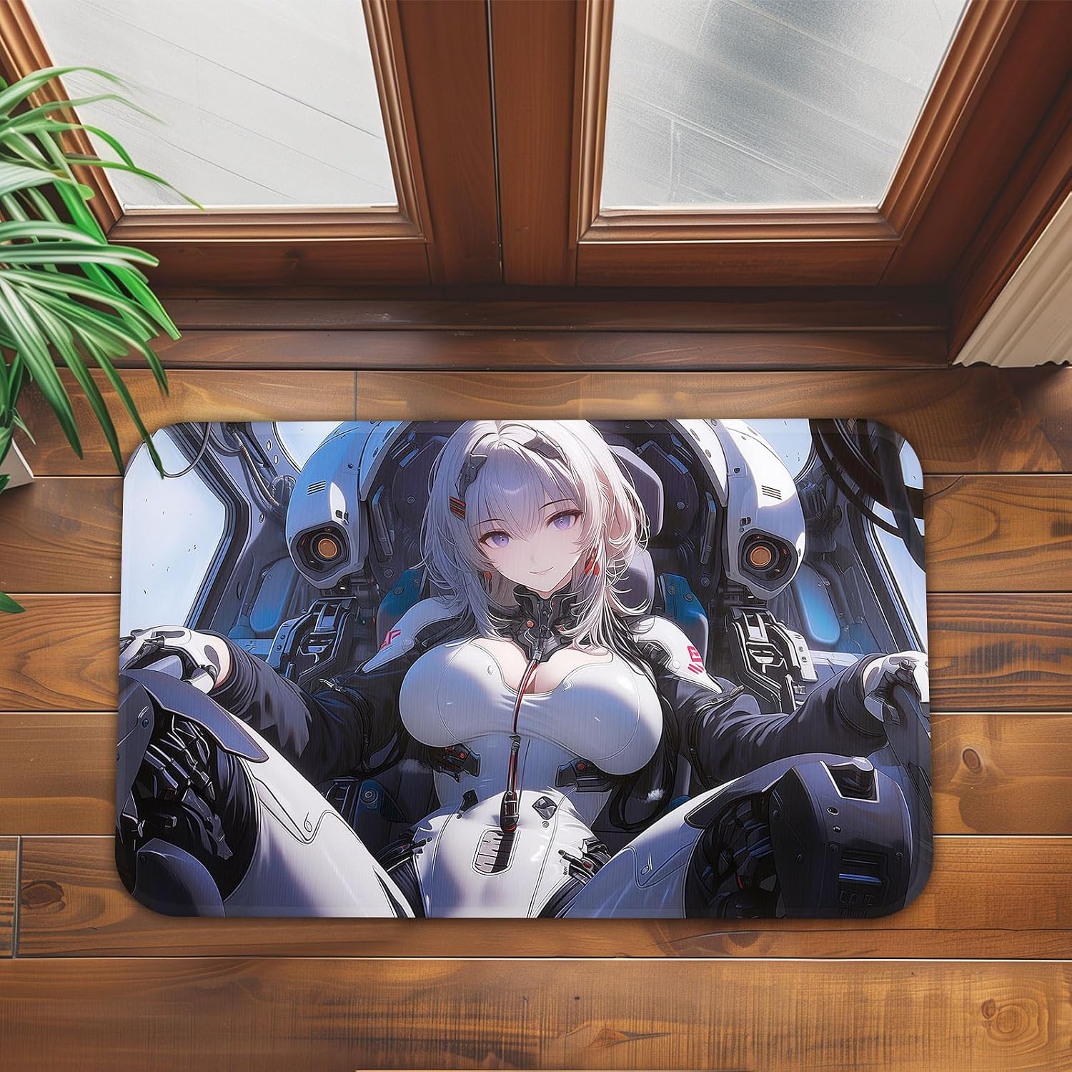 Cyberpunk Mecha Pilot Anime Girl Floor Mat, Futuristic Anime Waifu Area Rug, Non-Slip Sci-Fi Pilot Bedroom Mat, Bathroom Runner for Game Room Decor, Living Room, Home Decor (32" x 20")