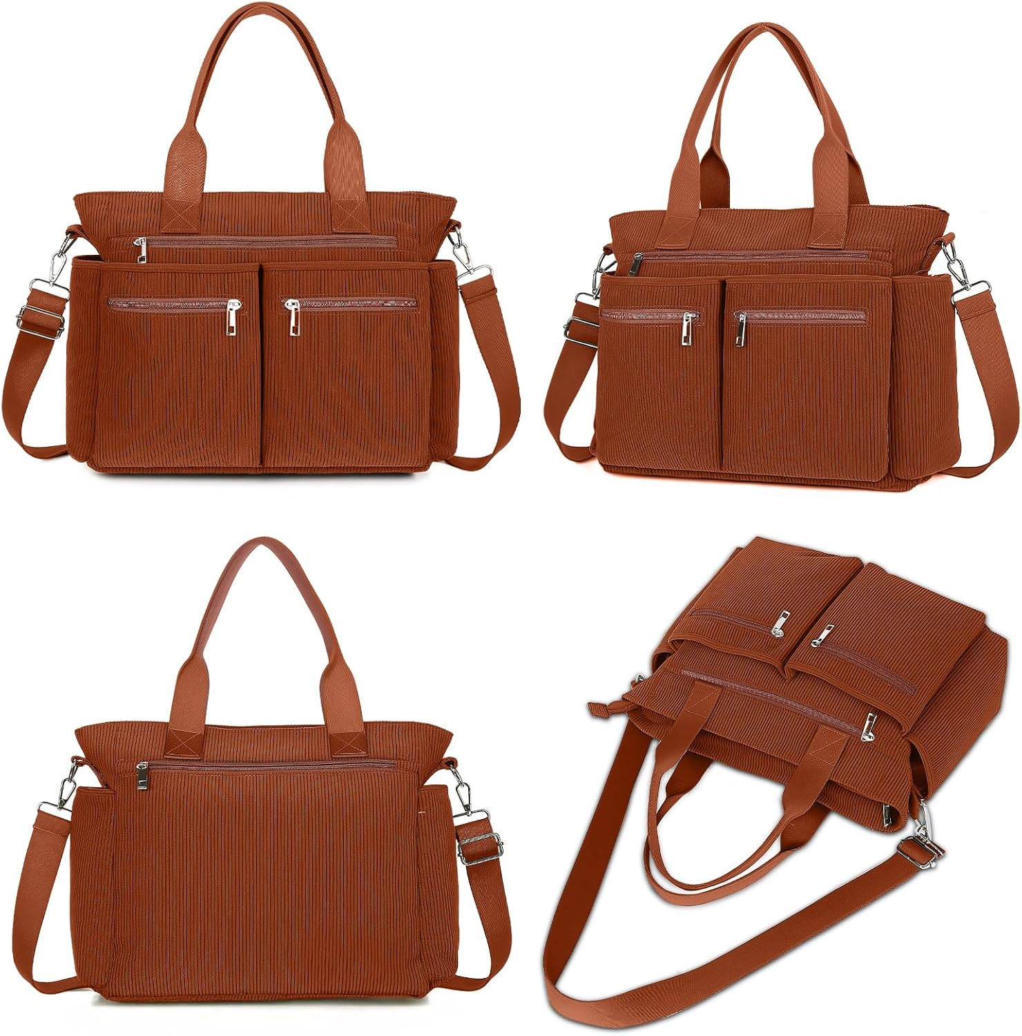 Crossbody Bag- Corduroy Tote Bag for Women with Multiple Pockets Laptop Bag Hobo Casual Handbag Everyday Shoulder Bag for Work Handbag Purse (Brown) - Image 4