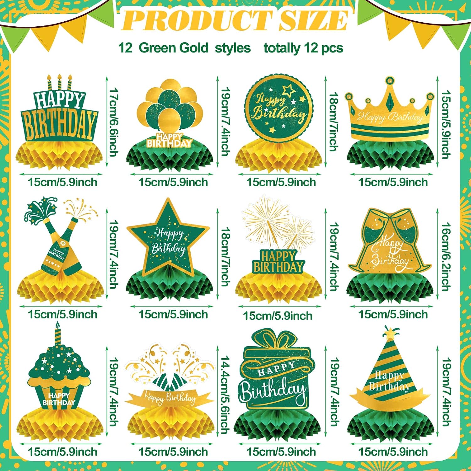 Sabary 12 Pcs Green and Gold Birthday Decorations Table Decoration Happy Birthday Desktop Decoration Honeycomb Centerpieces Party Balloon Crown Paper Table Decor Royal Centerpieces for Men Women Party