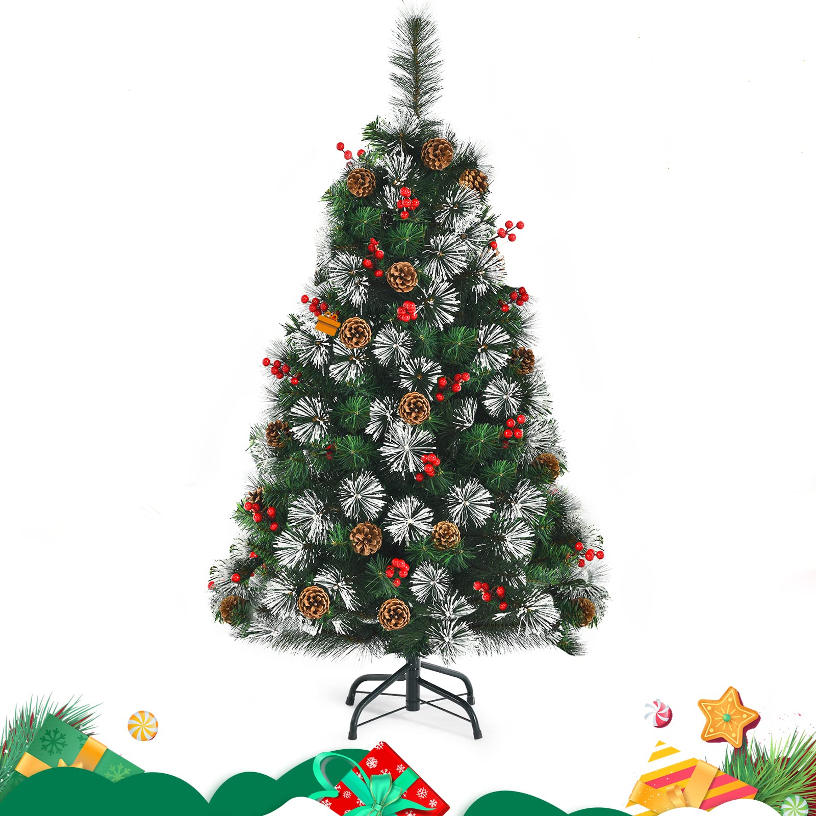 Multigot 4FT/5FT/6FT Christmas Tree, Snow Flocked Xmas Tree with Red Berries and Metal Base, Hinged Artificial Decorative Pine Tree for Indoor Outdoor(4FT/160Tips)