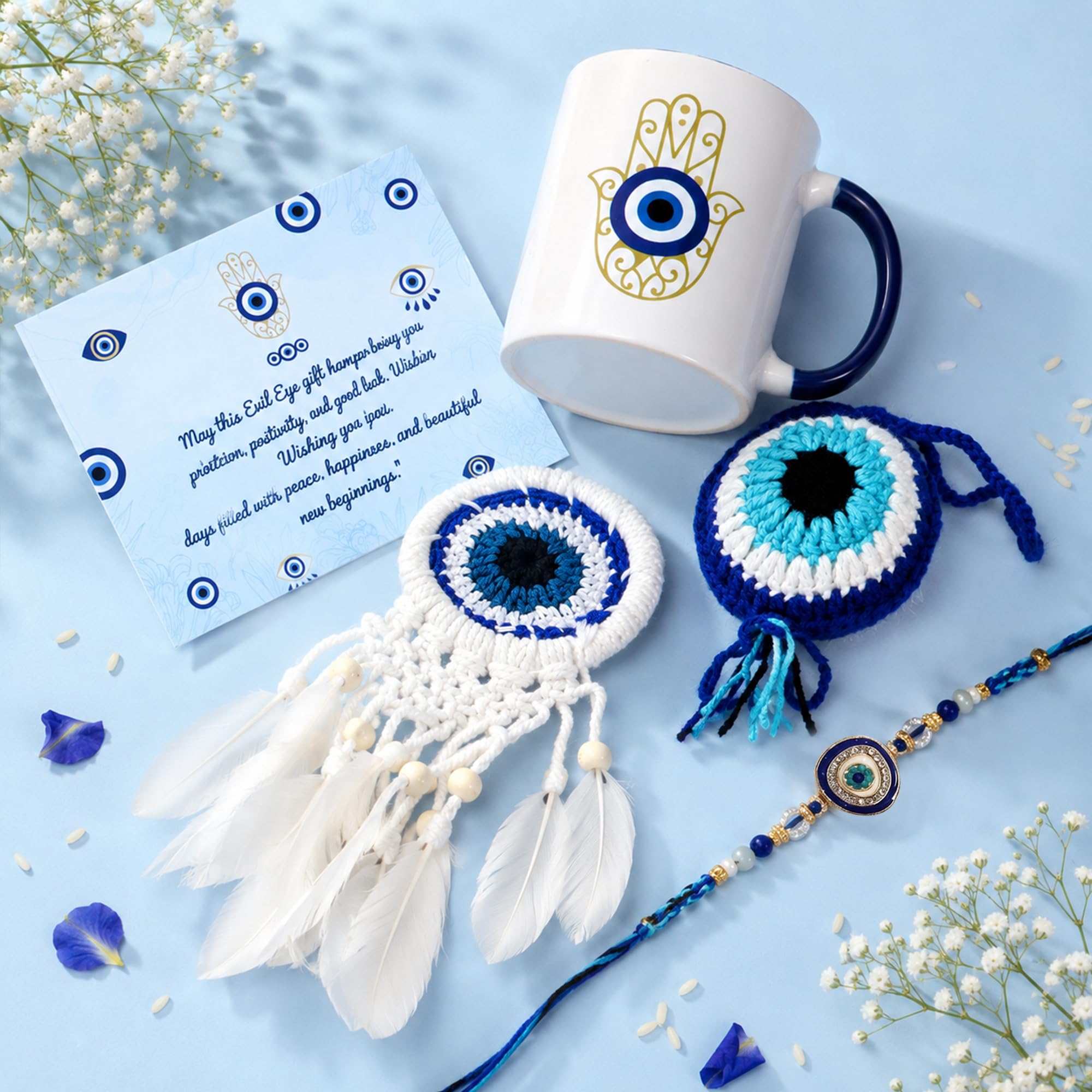 THE LOONY BOX Evil Eye Rakhi Gift with Mug, Dream Catcher, Keychain for Bro | Designer Evil Eye Rakhi Combo | Raksha Bandhan Gift Hamper with Greeting Card | Nazar Protection Theme Gift-image-42
