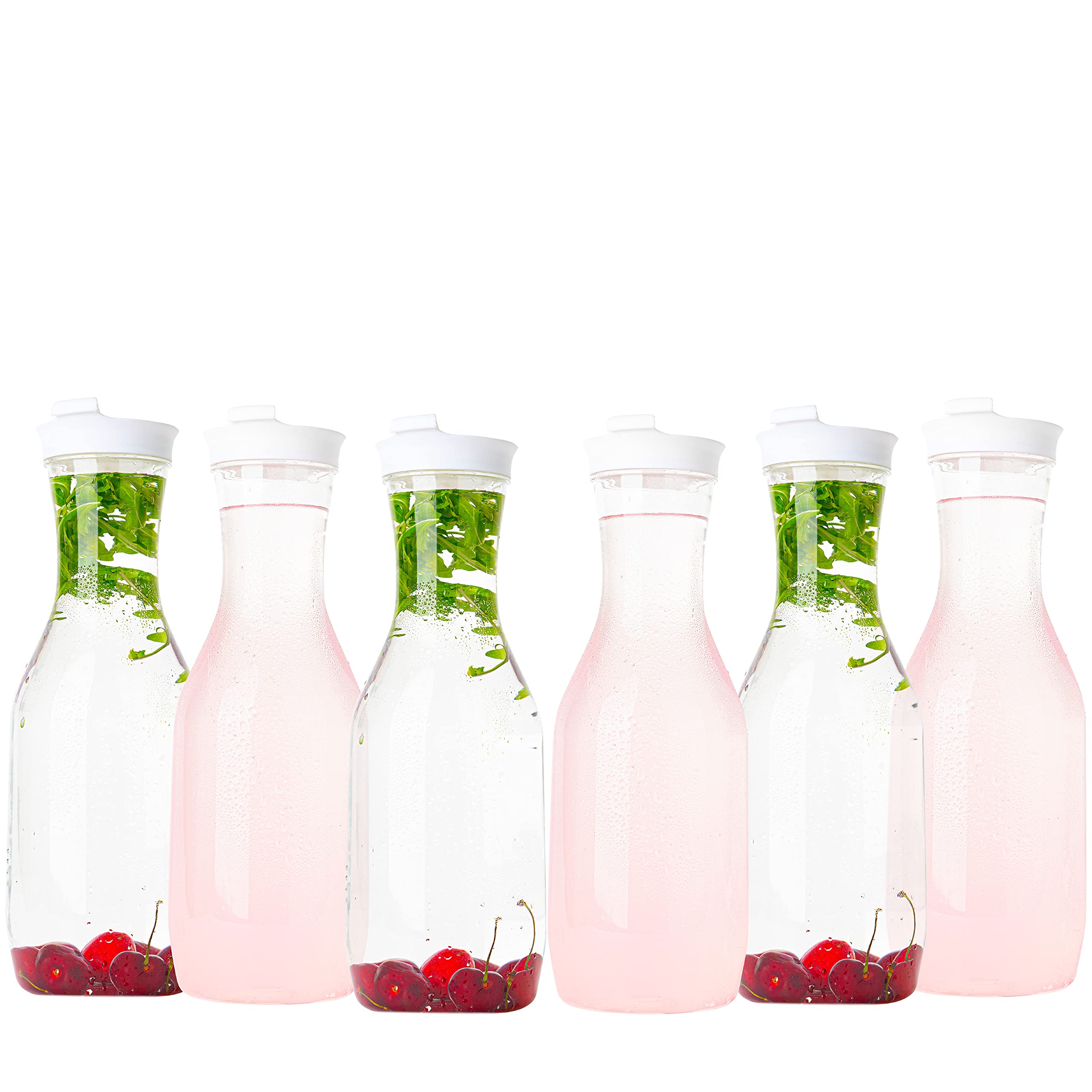 Photo 1 of Clear Plastic Water Pitchers Carafes with Flip top White Lids 50 OZ Heavy Duty Beverage Pitcher Jug for Juice or iced Coffee Great for Mimosa bar Restuarants ot Schools Pack of 6 6 50 OZ