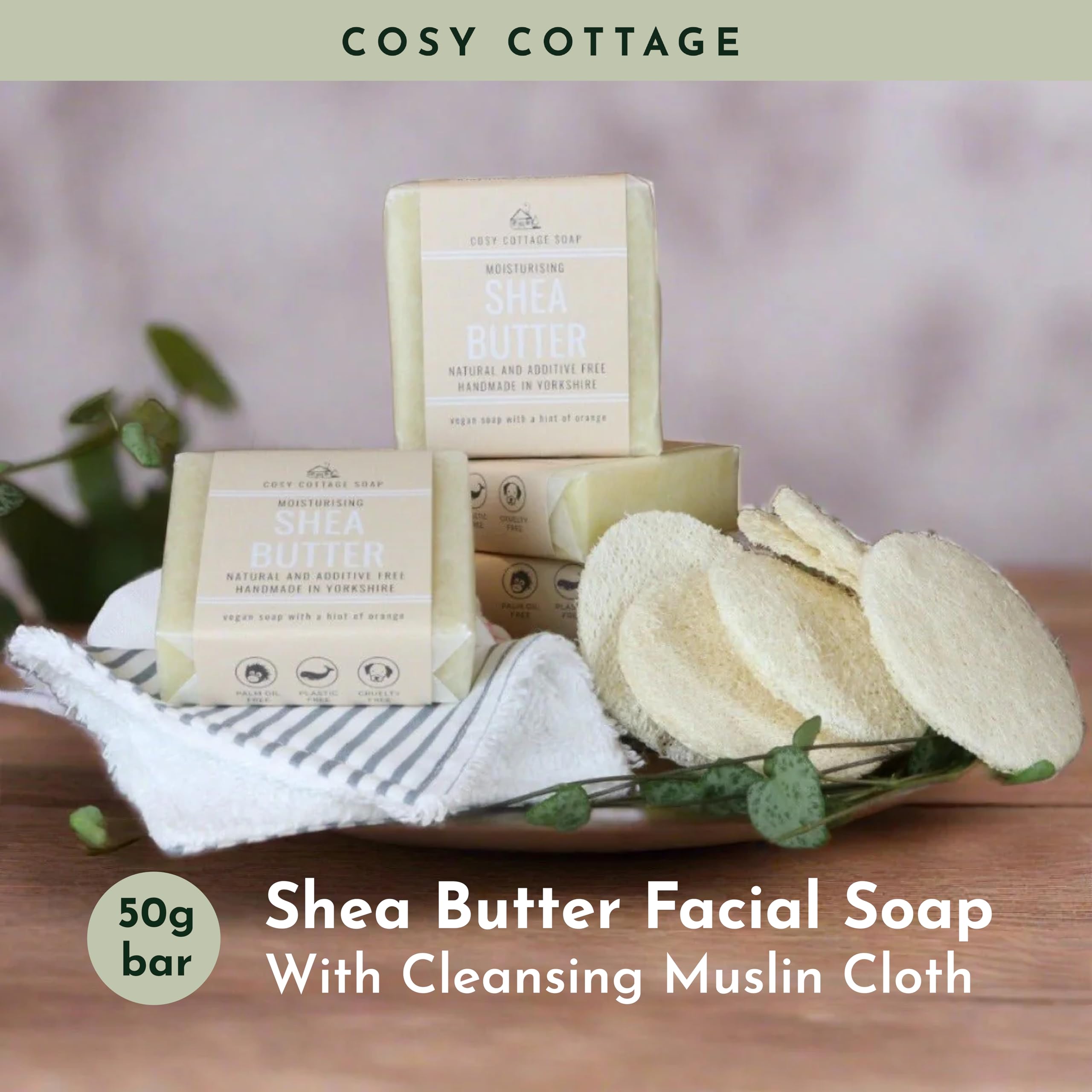 Cosy Cottage Shea Butter Facial Soap (55g) with Muslin Cloth (30cm x 30xm), 55 g (Pack of 1) - Image 3