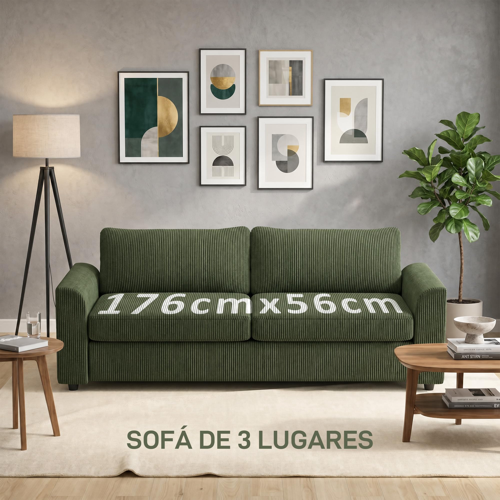 HOMCOM Sofá de 3 Plazas Sofá de Salón 212x80x88 cm Tapizado en Pana con 2 Almohadas Reposabrazos y Cojín de Muelles Diseño Moderno para Sala de Estar Dormitorio Verde