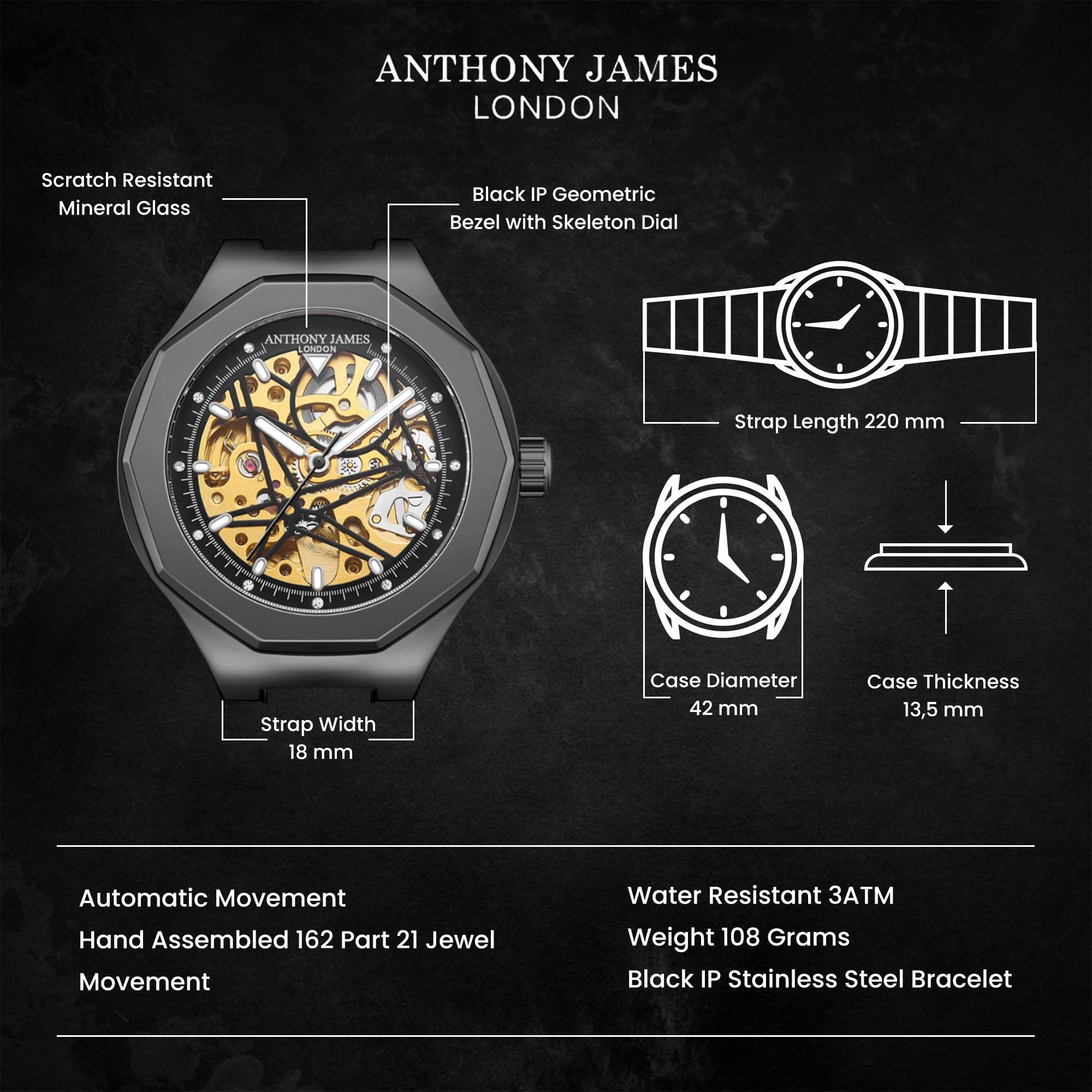 Anthony James Limited Edition Skelet automatisch stalen en Witte herenhorloge - Met de Hand geassembleerd
