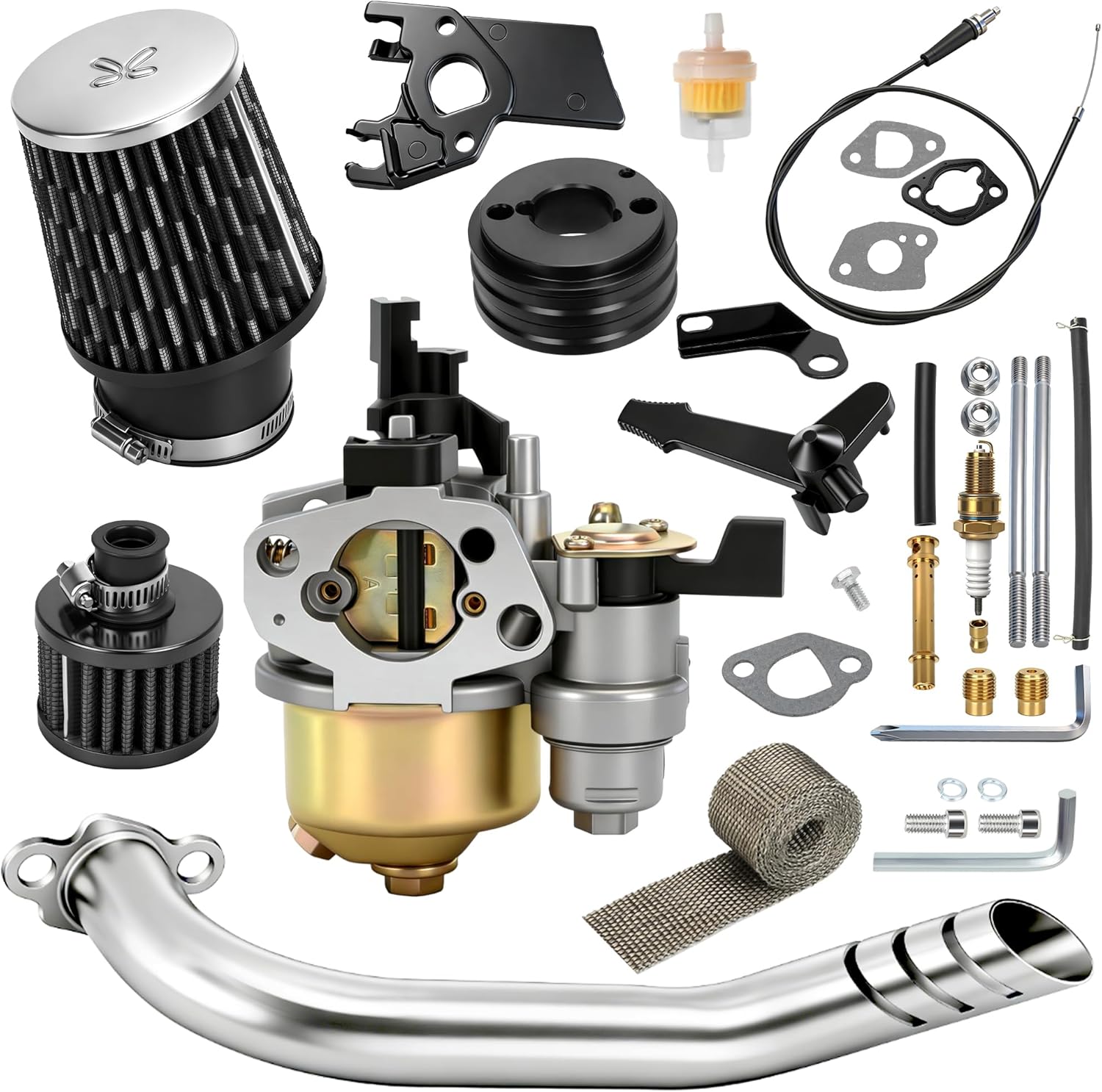 Predator 212 Carburetor Stage 1 Kit Exhaust Pipe Replacement for 212cc 196cc 224cc Engine Coleman CT200U-EX CT200U BT200X Baja TrailMaster MB200 MB165 Powersports Mini Bike Go Kart Cart Parts