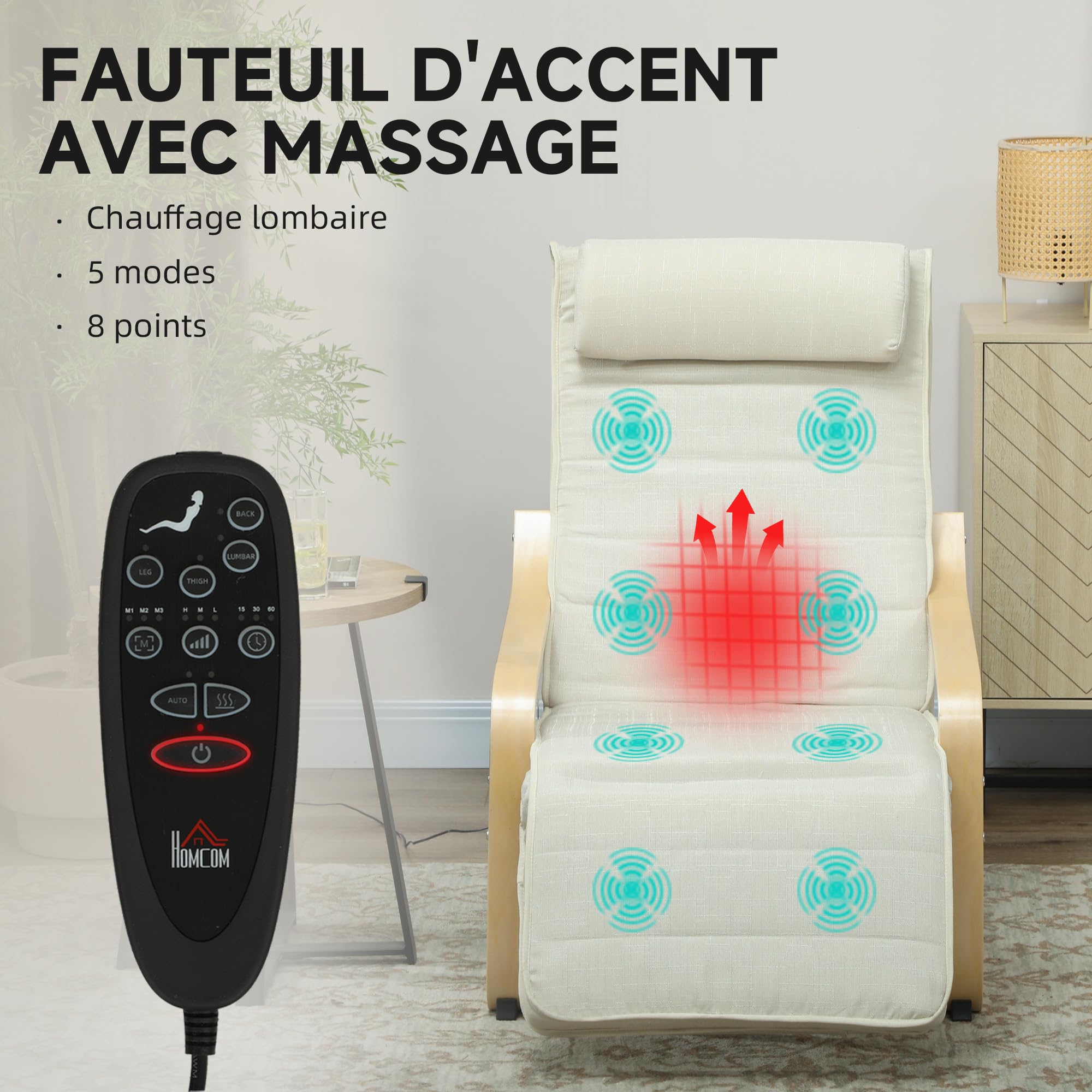 HOMCOM Fauteuil de Salon, Fauteuil Relax massant et Chauffant avec Dossier Haut, Appui-tête, Repose-Pieds réglable, télécommande et Poche latérale, Tissu Aspect Lin, pour Chambre Salon, crème