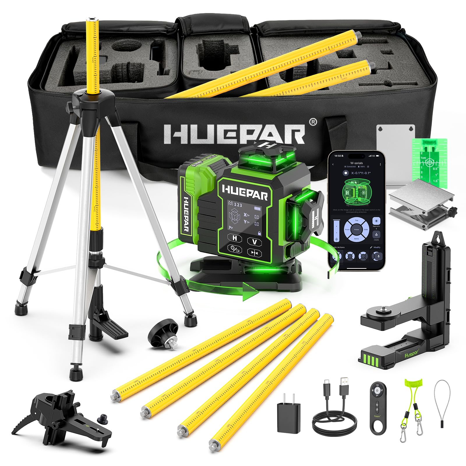 Huepar W04CG 4D Laser Level with 12Ft Pole, 360° Green Laser Kit