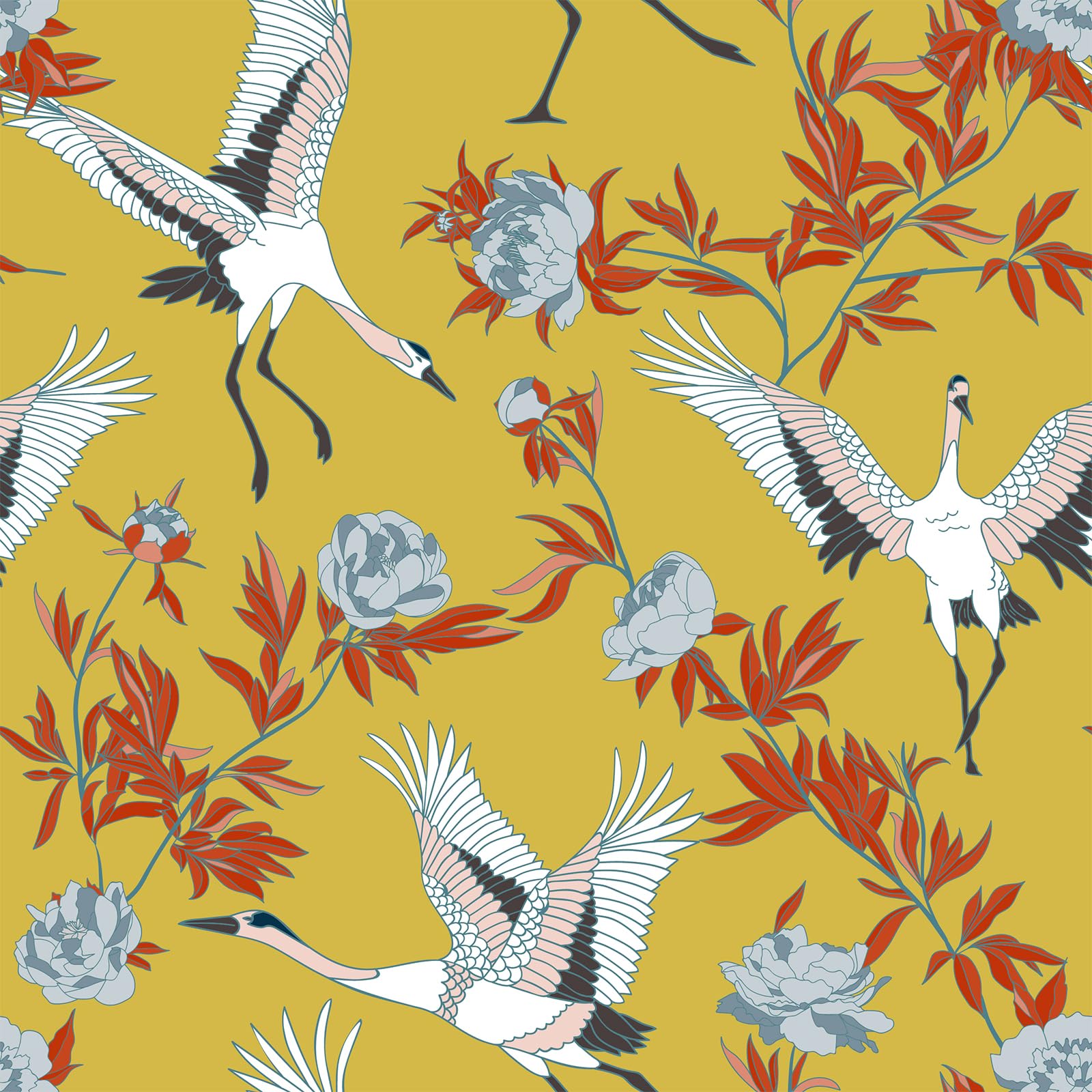 VaryStyle 17.7"x118" Mustard Yellow Floral Wallpaper Vintage Crane Peel and Stick Wallpaper Yellow Birds Floral Contact Paper Removable Self Adhesive